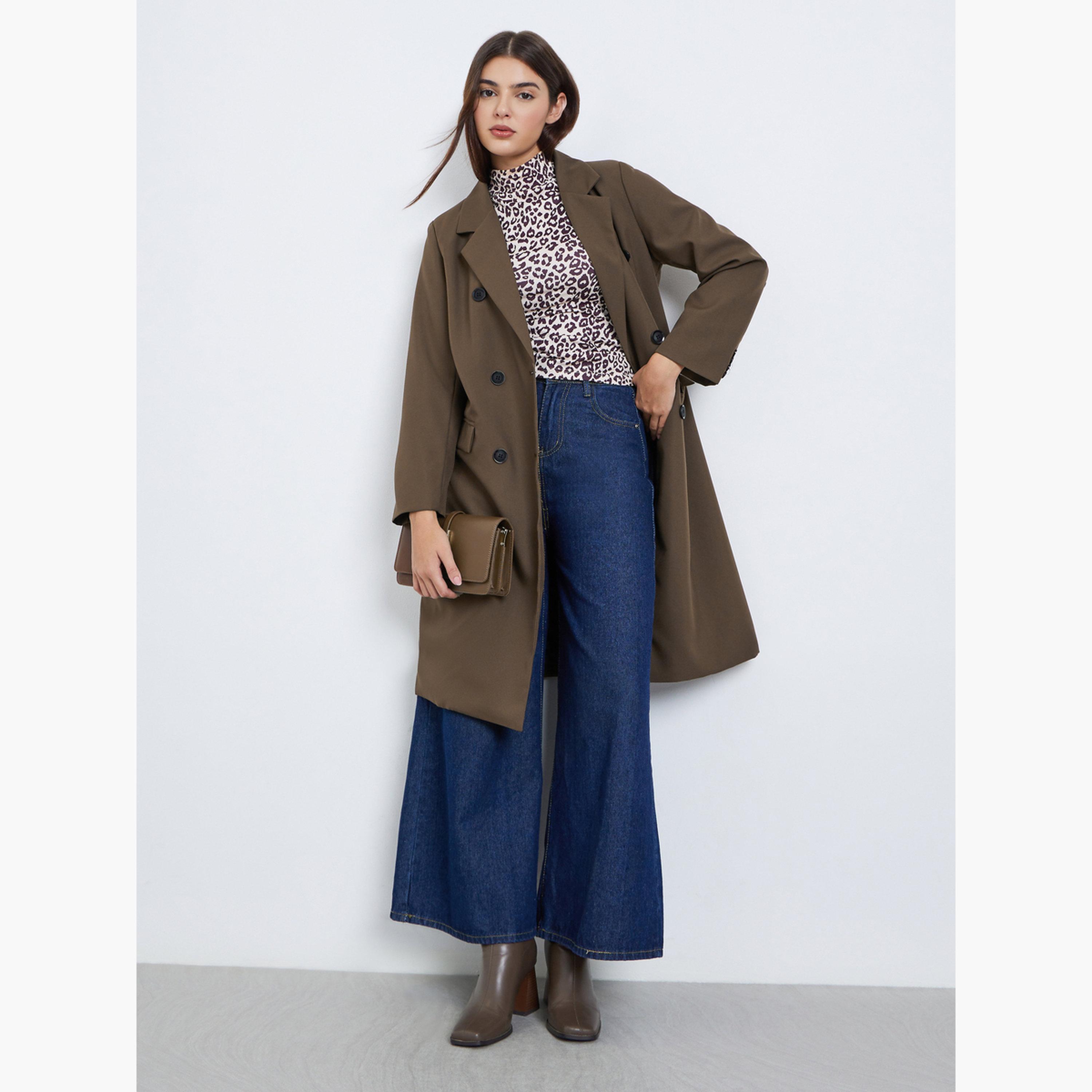 Styli Brown Solid Collared Long Sleeves Knee-Length Women's Double Breasted Coat-women-clothing-coatsandjackets-coats-image-1