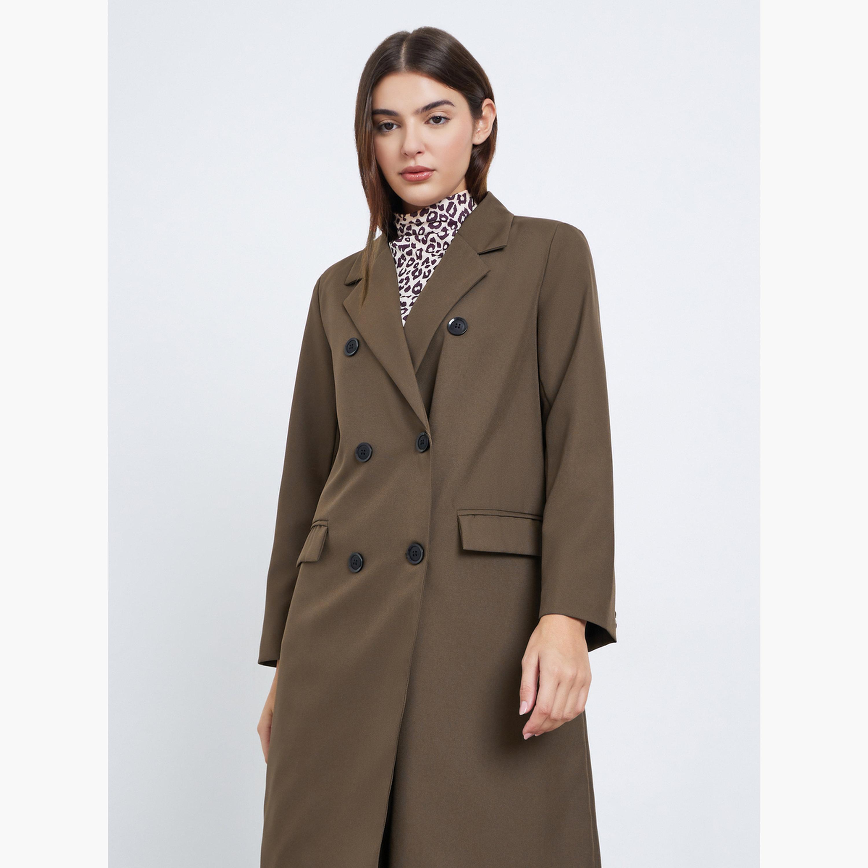Styli Brown Solid Collared Long Sleeves Knee-Length Women's Double Breasted Coat-women-clothing-coatsandjackets-coats-image-2