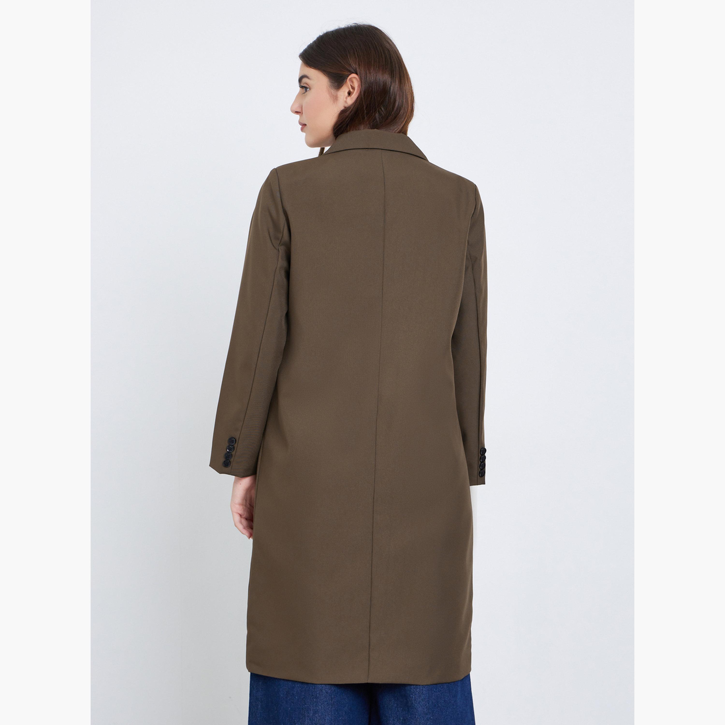 Styli Brown Solid Collared Long Sleeves Knee-Length Women's Double Breasted Coat-women-clothing-coatsandjackets-coats-image-3