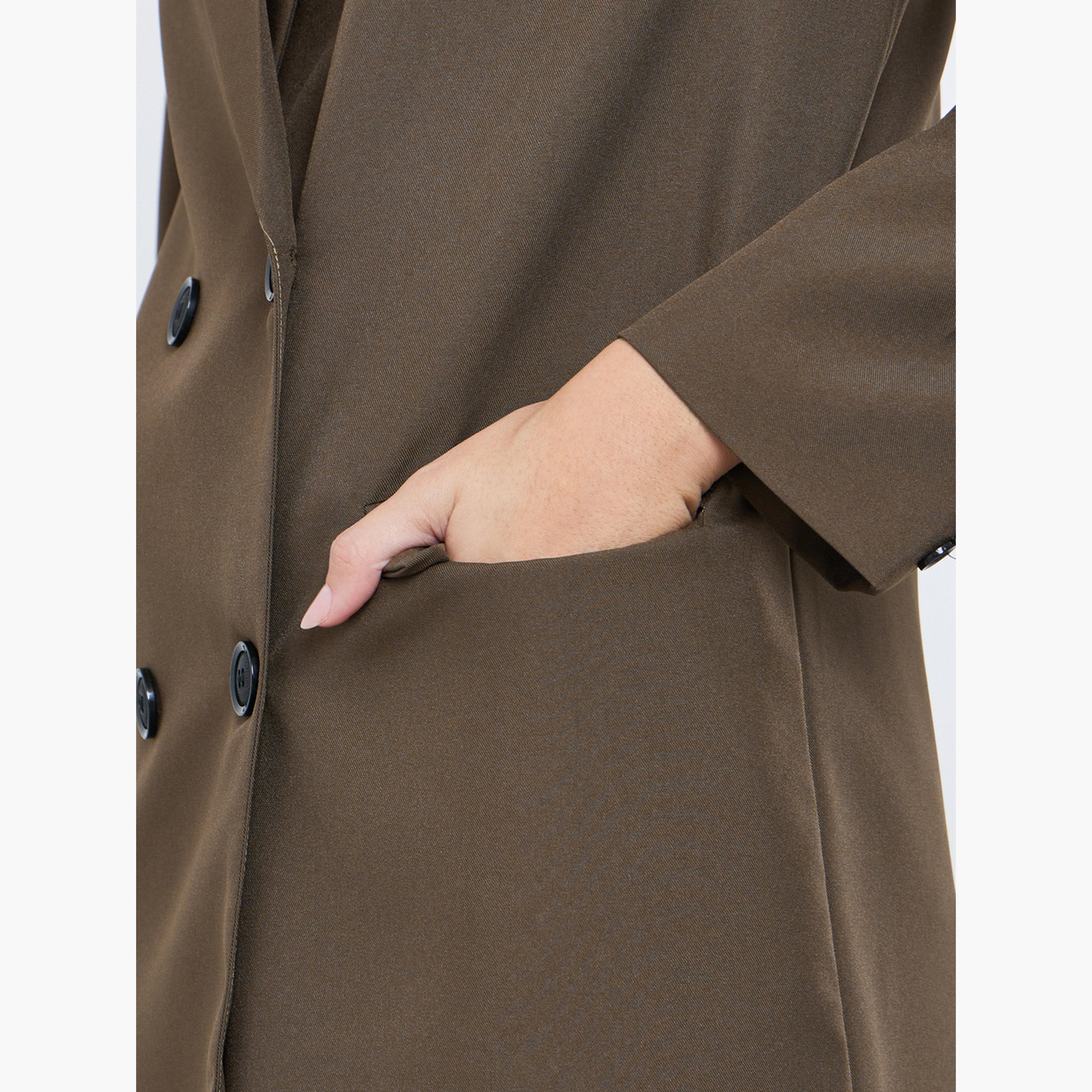 Styli Brown Solid Collared Long Sleeves Knee-Length Women's Double Breasted Coat-women-clothing-coatsandjackets-coats-image-4