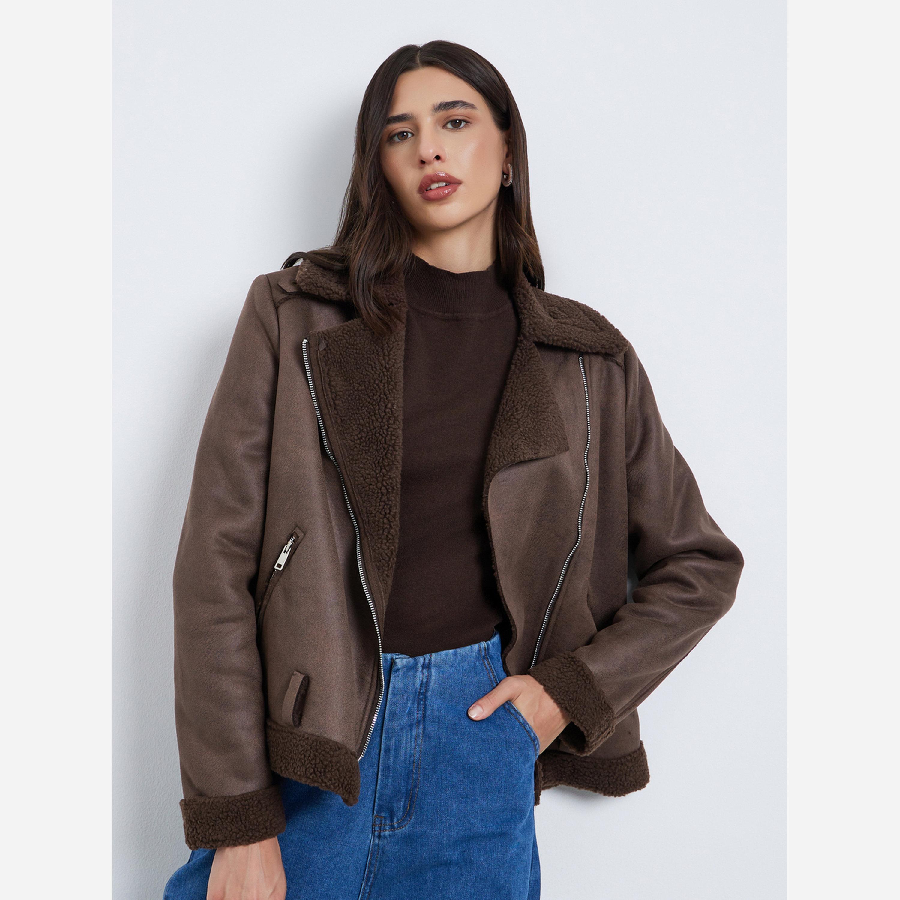 Styli Brown Suede Look Biker Jacket with Faux Fur Trim-women-winterwear-coatsandjackets-jackets-image-1