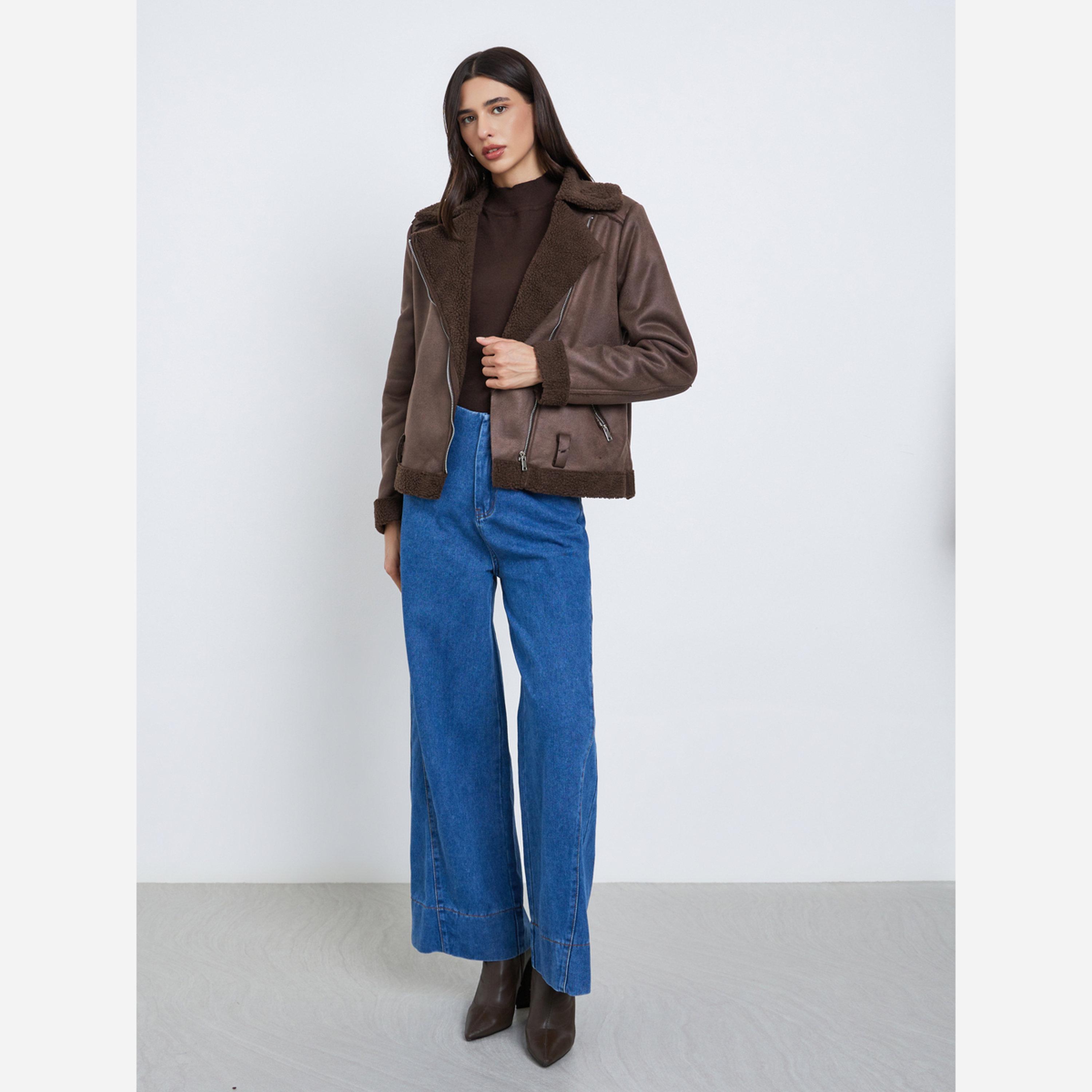 Styli Brown Suede Look Biker Jacket with Faux Fur Trim-women-winterwear-coatsandjackets-jackets-image-2