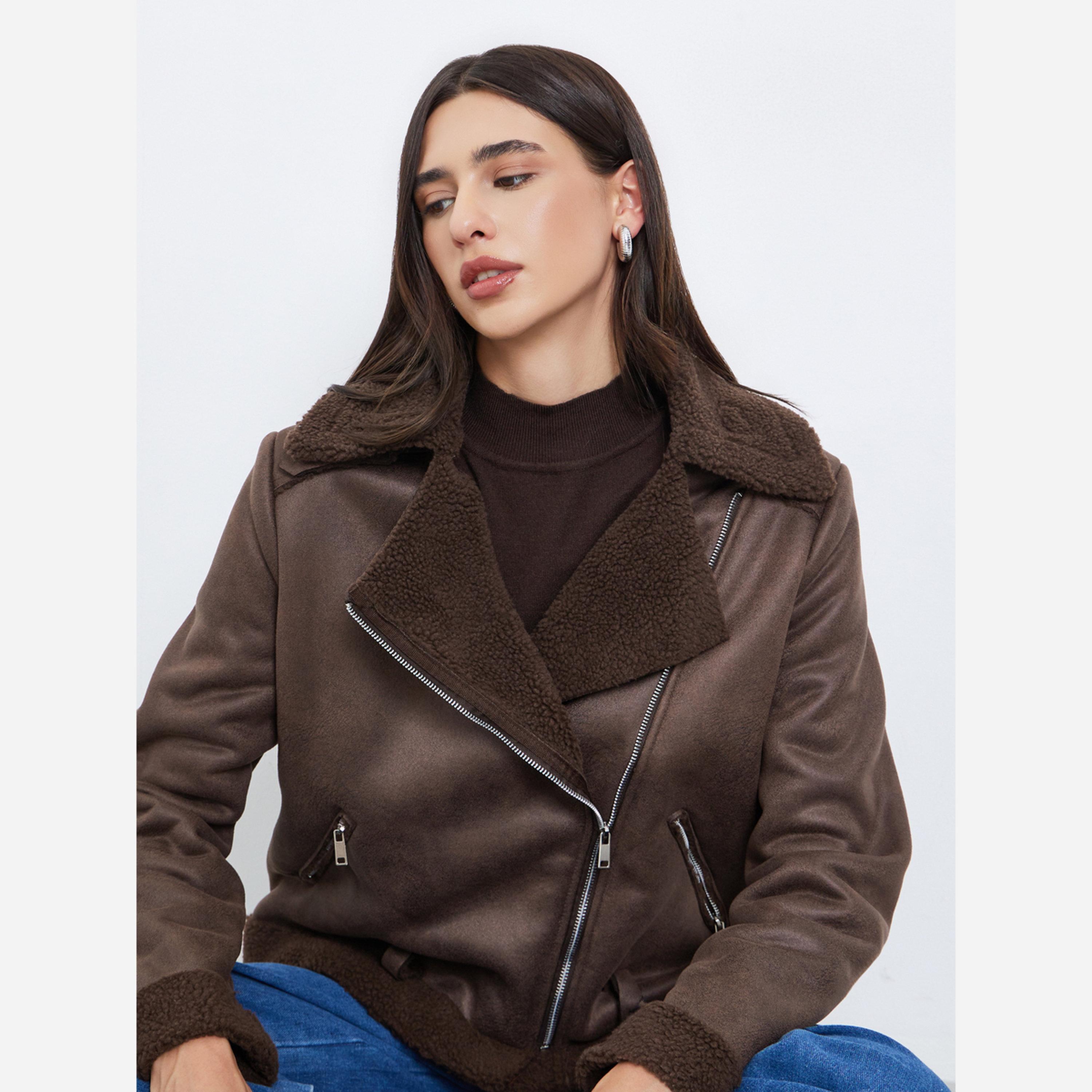 Styli Brown Suede Look Biker Jacket with Faux Fur Trim-women-winterwear-coatsandjackets-jackets-image-3