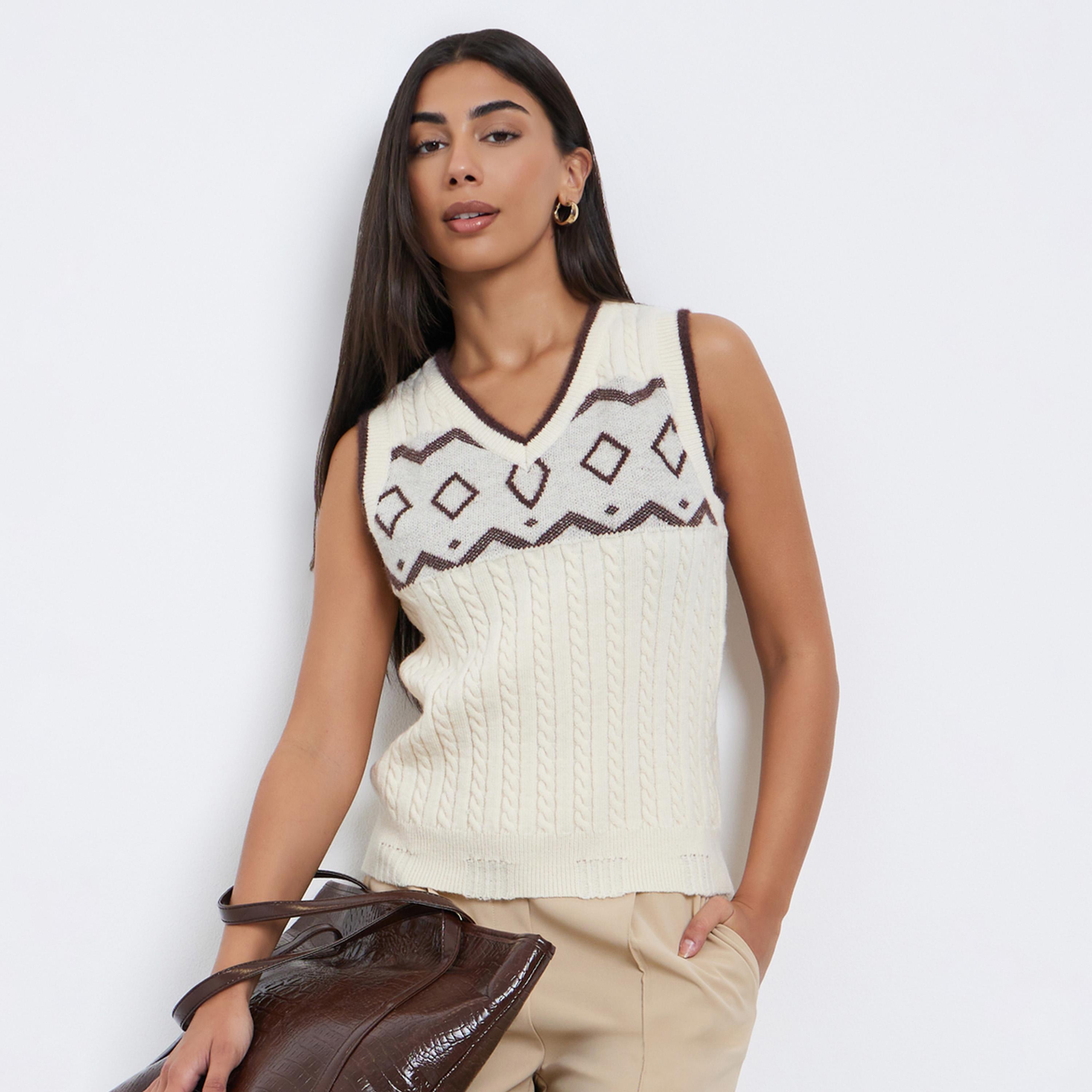 Styli Cream Cable Knit Patterned Vest-women-clothing-shirtsandblouses-blouses-image-1