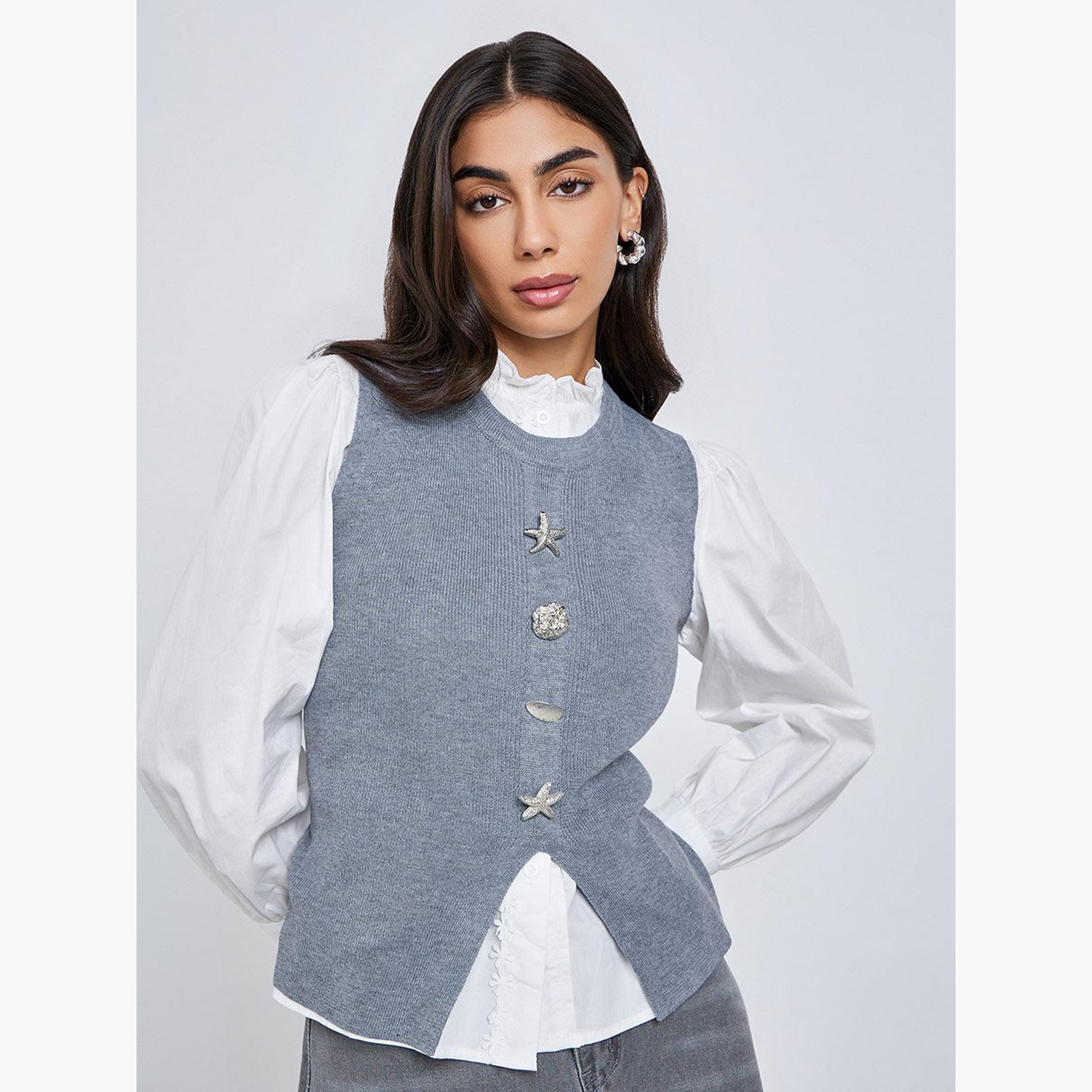Styli Grey Knit Sleeveless Vest with Metal Accent-women-clothing-shirtsandblouses-blouses-image-1