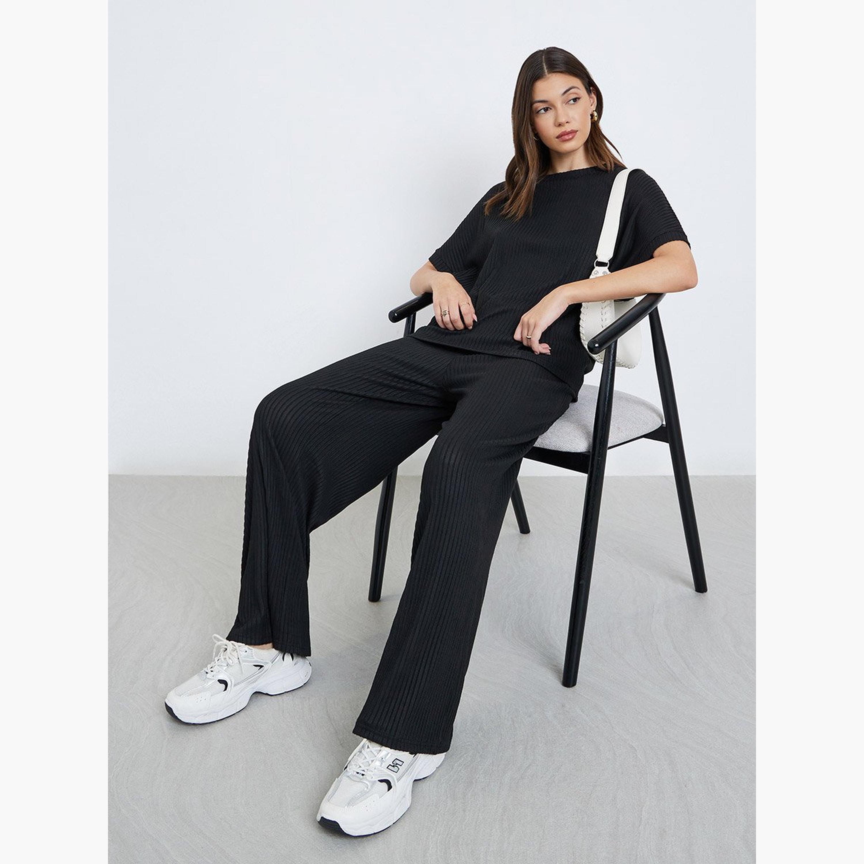 Styli Black Oversized Ribbed T-Shirt and Pants Co-Ords-women-clothing-coordsets-image-1
