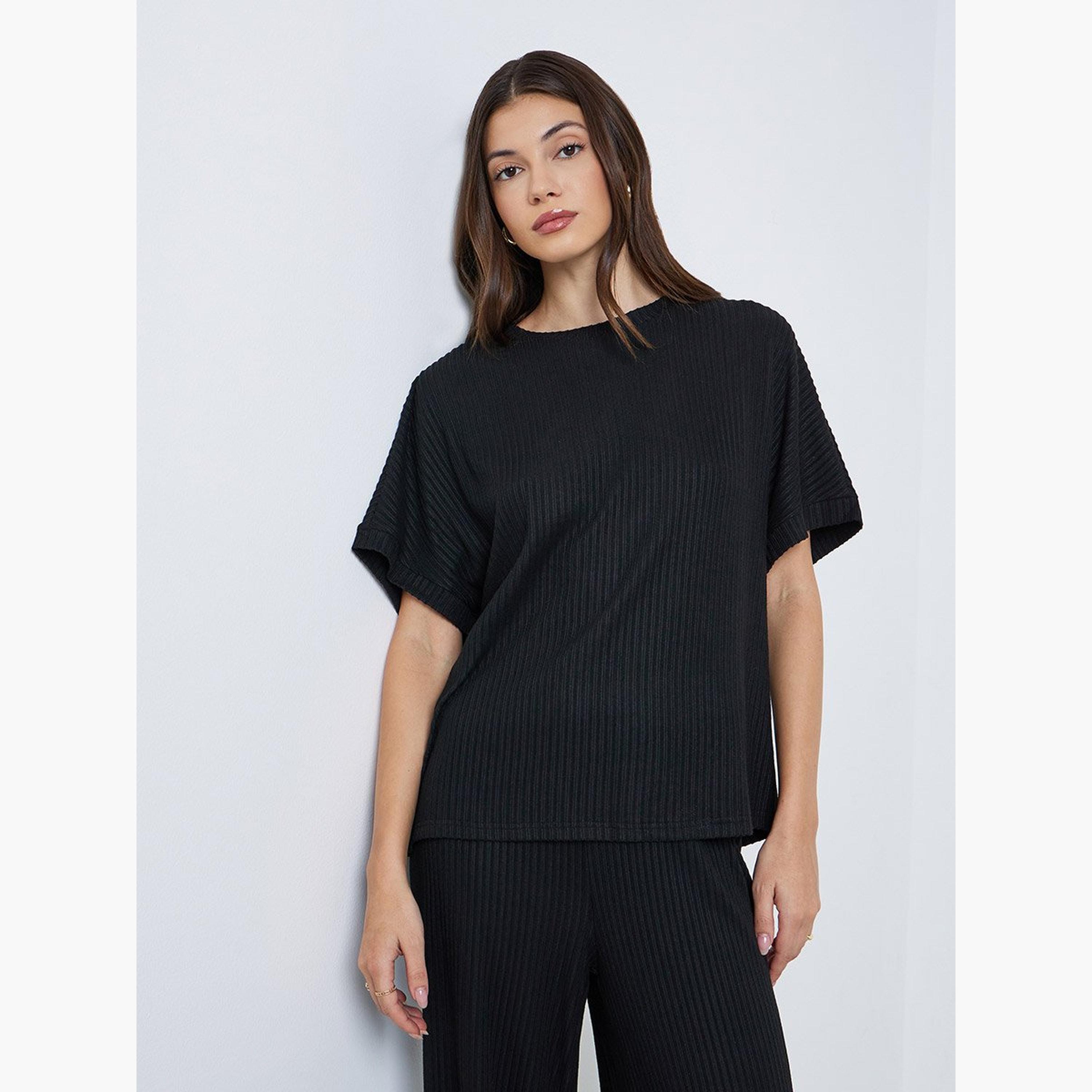 Styli Black Oversized Ribbed T-Shirt and Pants Co-Ords-women-clothing-coordsets-image-2