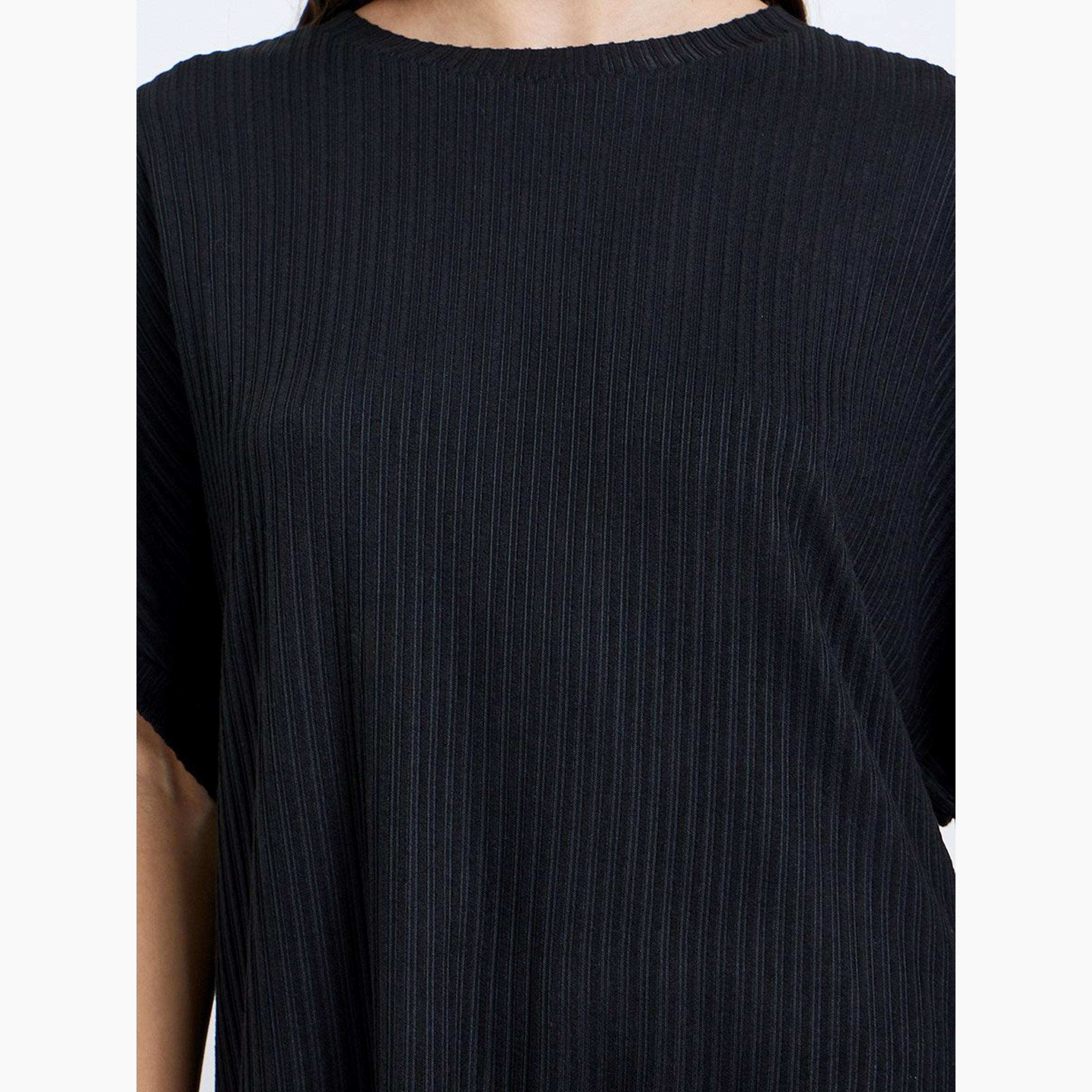 Styli Black Oversized Ribbed T-Shirt and Pants Co-Ords-women-clothing-coordsets-image-3