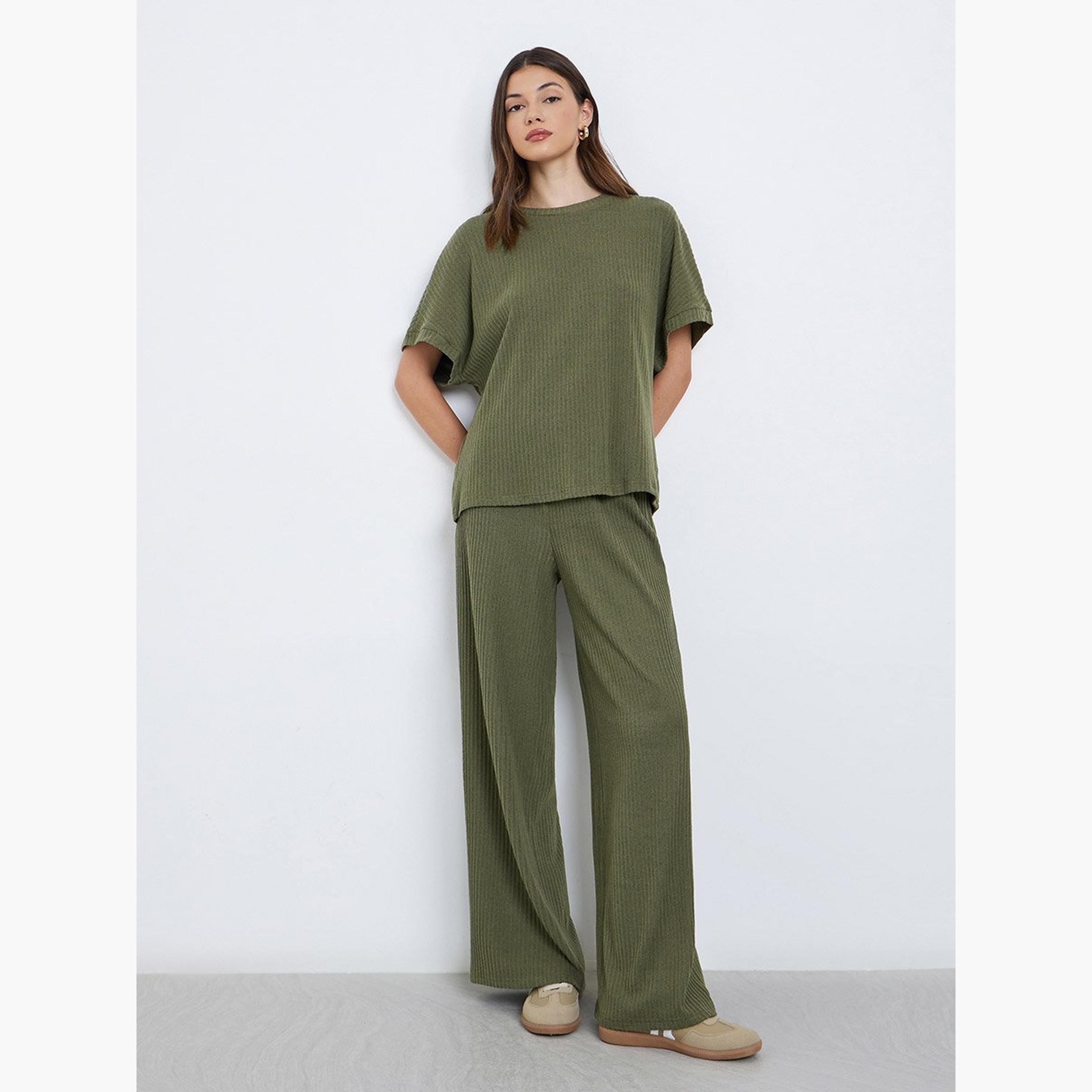Styli Olive Oversized Ribbed T-Shirt and Pants Co-Ords-women-clothing-coordsets-image-1