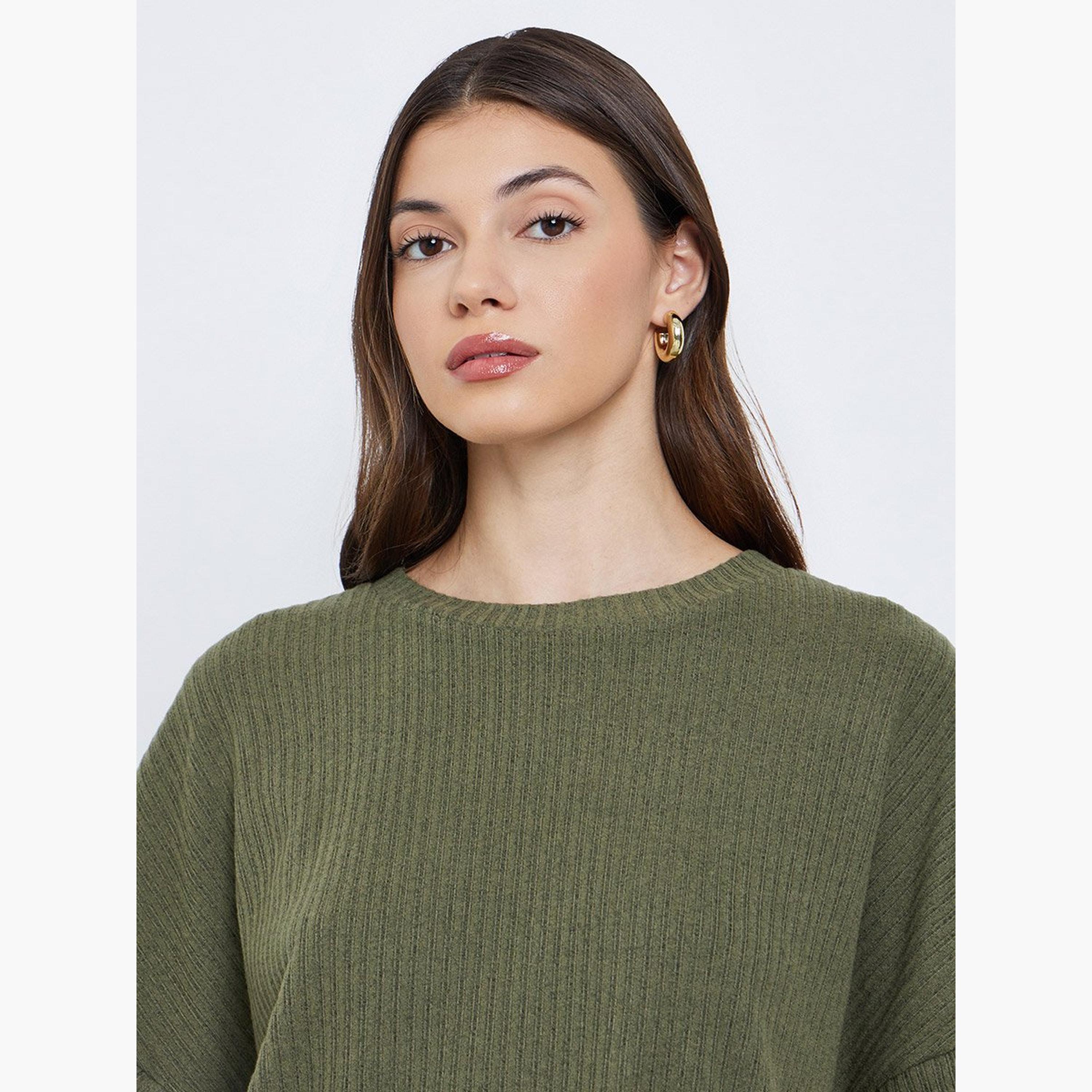 Styli Olive Oversized Ribbed T-Shirt and Pants Co-Ords-women-clothing-coordsets-image-3