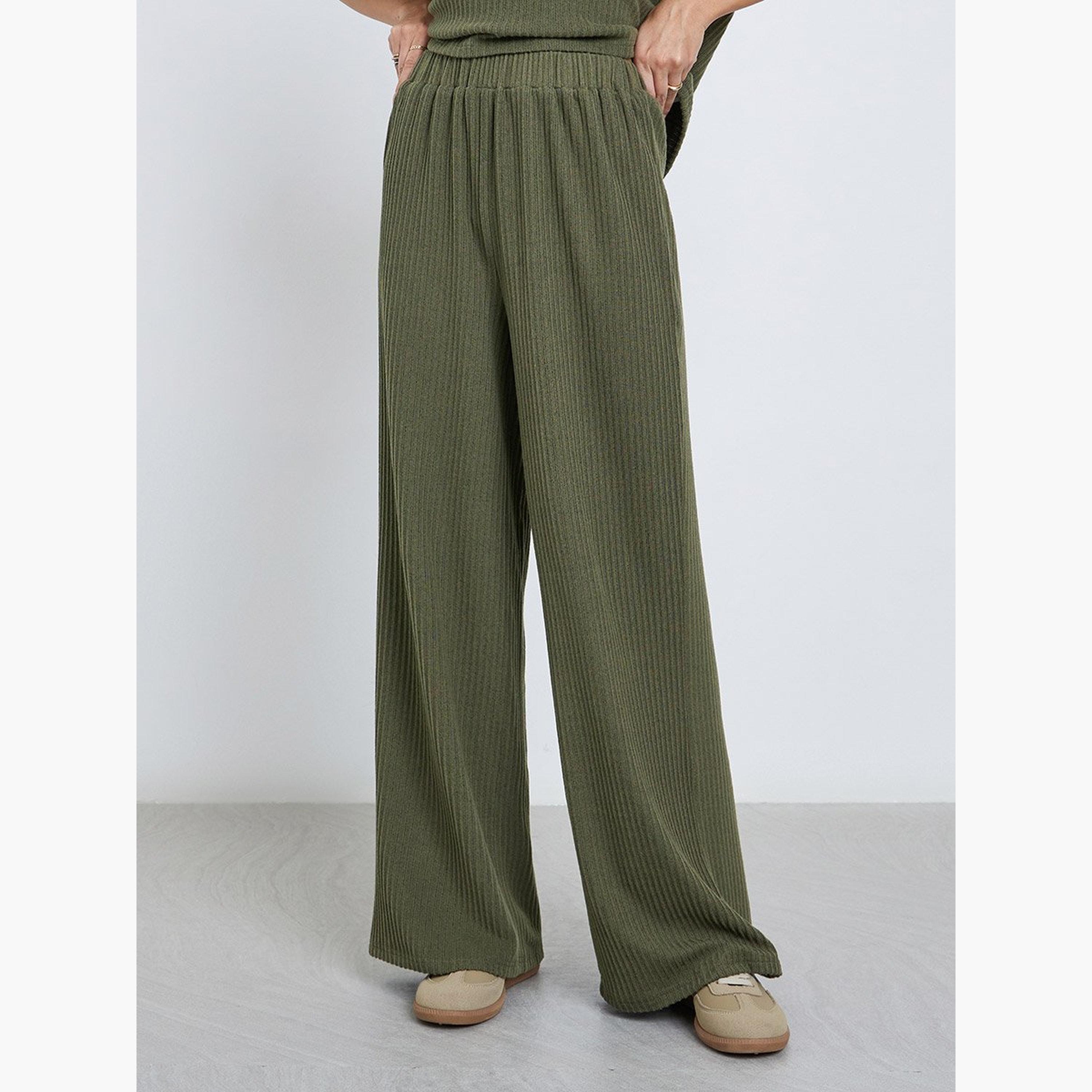 Styli Olive Oversized Ribbed T-Shirt and Pants Co-Ords-women-clothing-coordsets-image-5