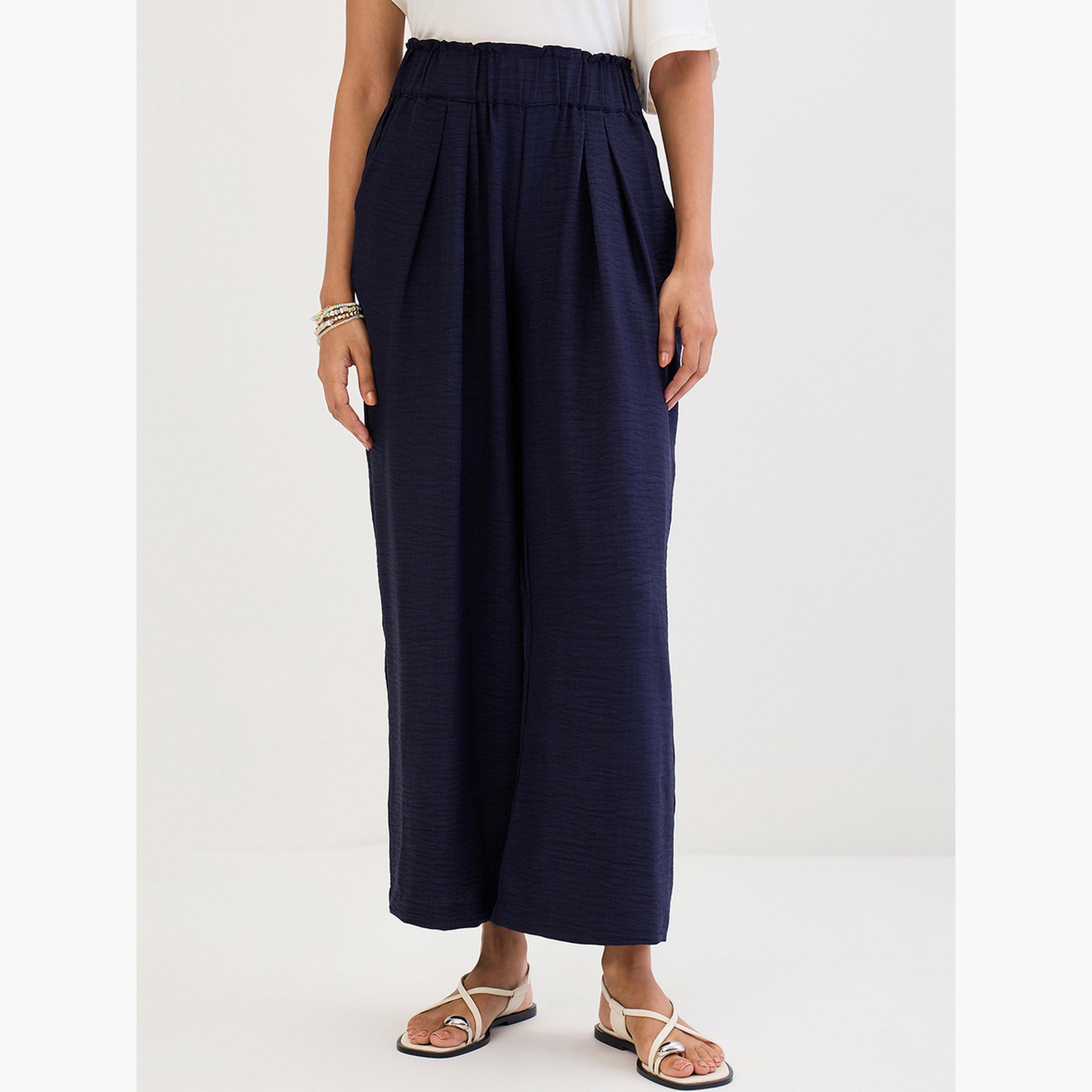 فيميلا - بنطال أزرق داكن بساق واسعة وتفاصيل مطوية-women-clothing-bottoms-trousers-image-1