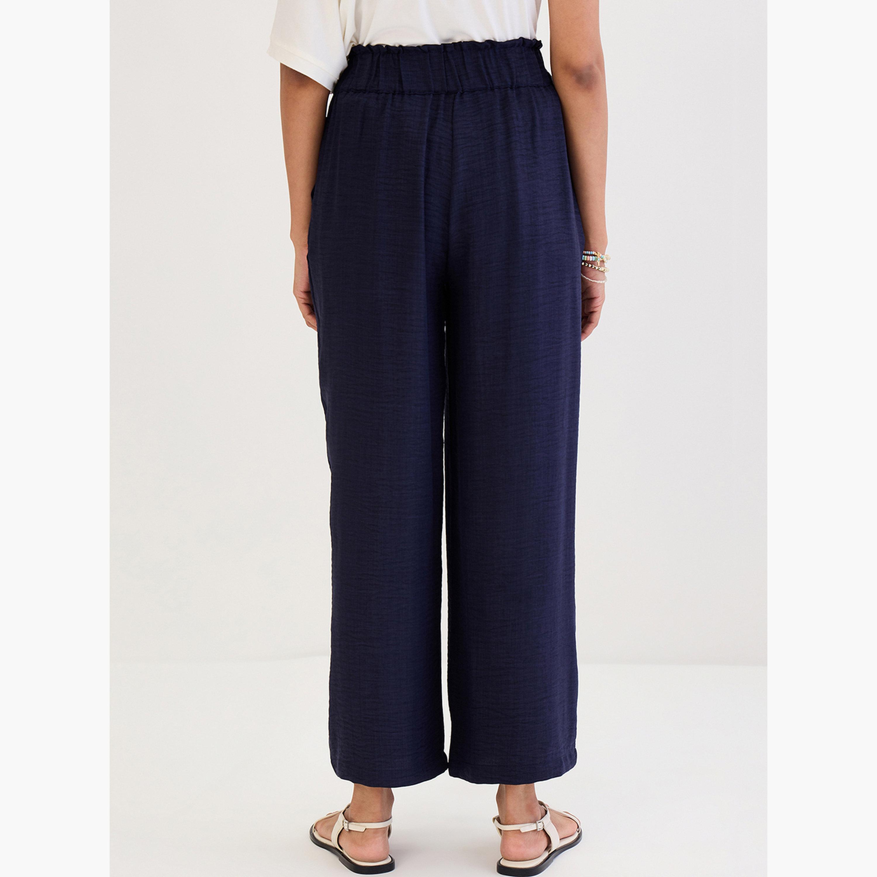 فيميلا - بنطال أزرق داكن بساق واسعة وتفاصيل مطوية-women-clothing-bottoms-trousers-image-6