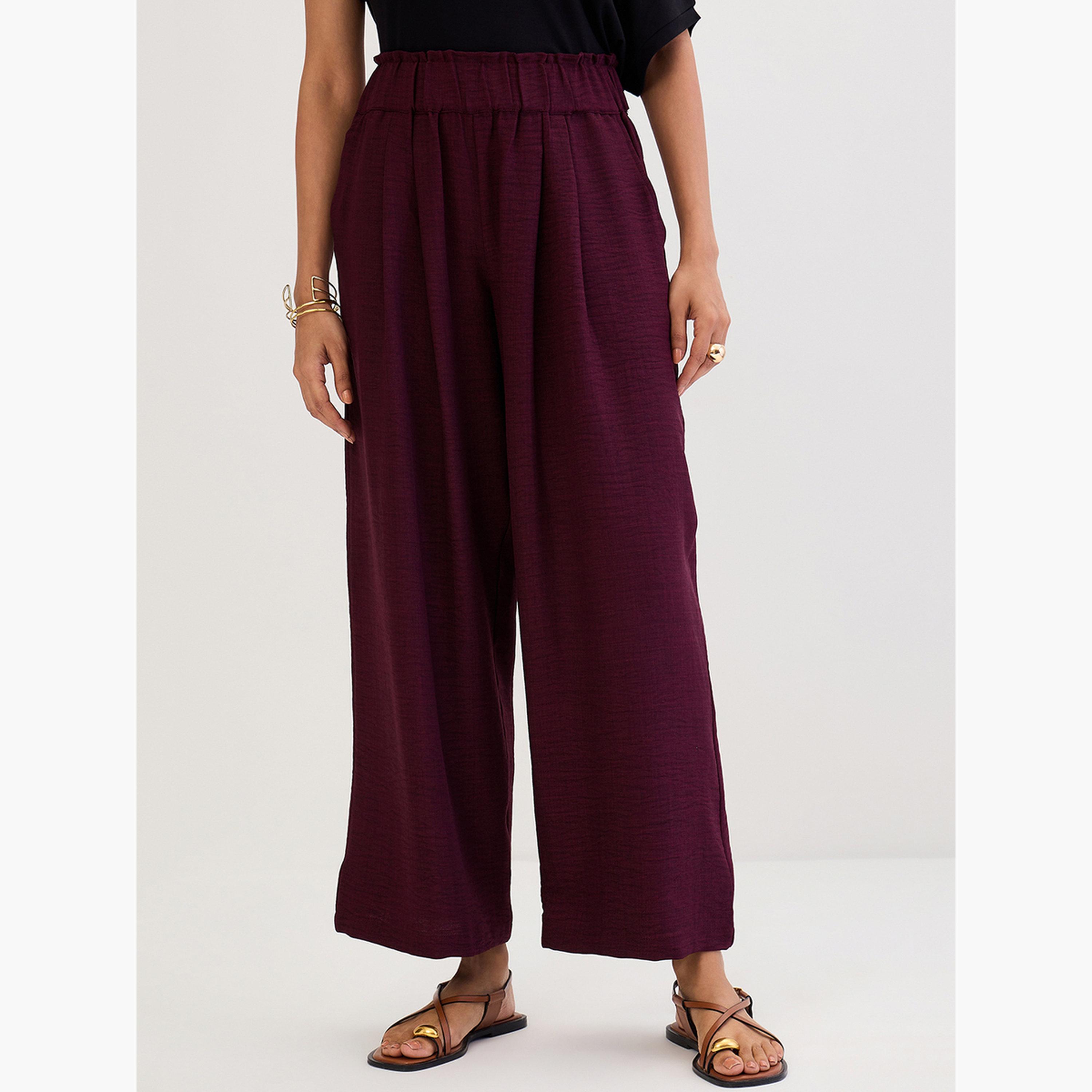 فيميلا - بنطال برغندي واسع الساق مع طيات-women-clothing-bottoms-trousers-image-1