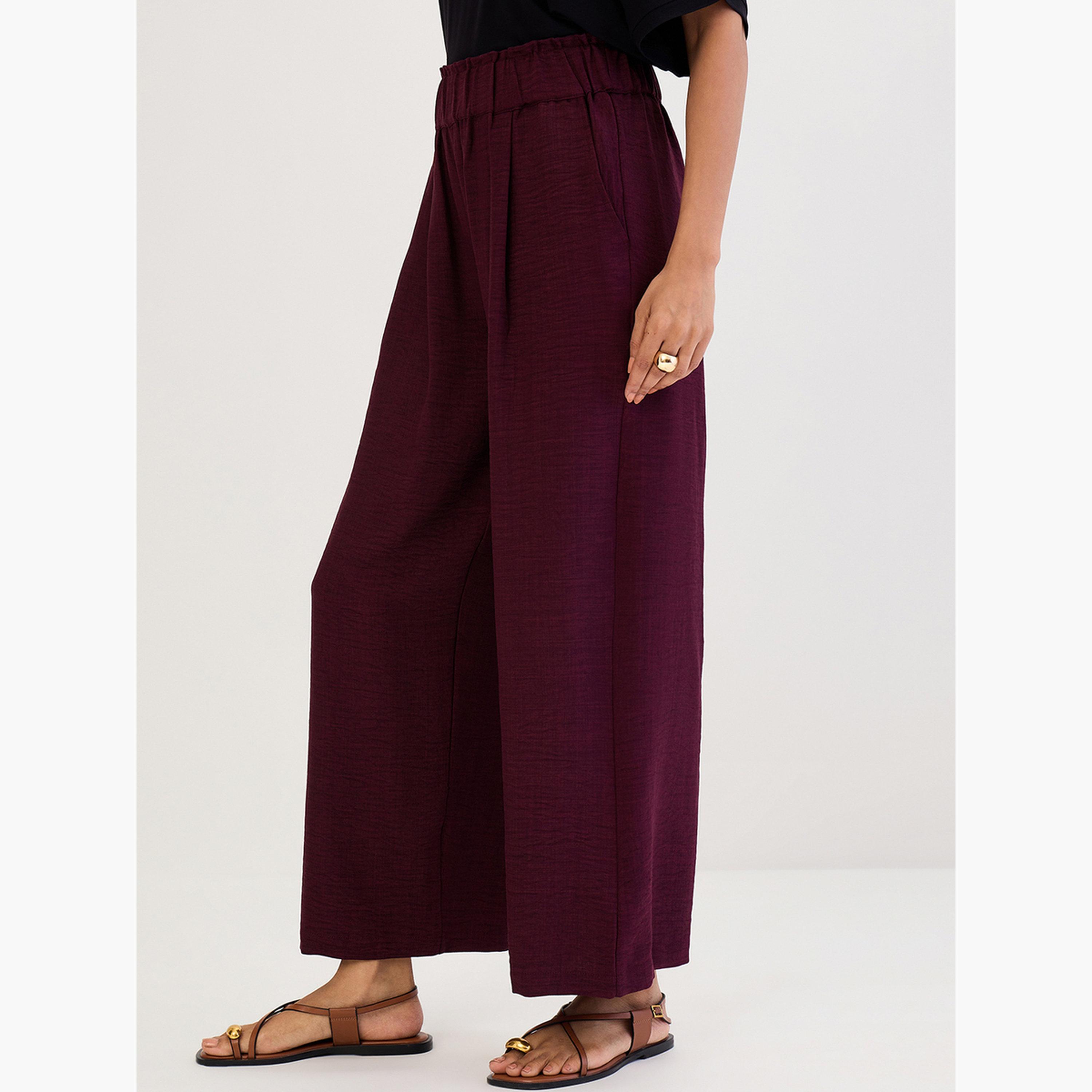 فيميلا - بنطال برغندي واسع الساق مع طيات-women-clothing-bottoms-trousers-image-4