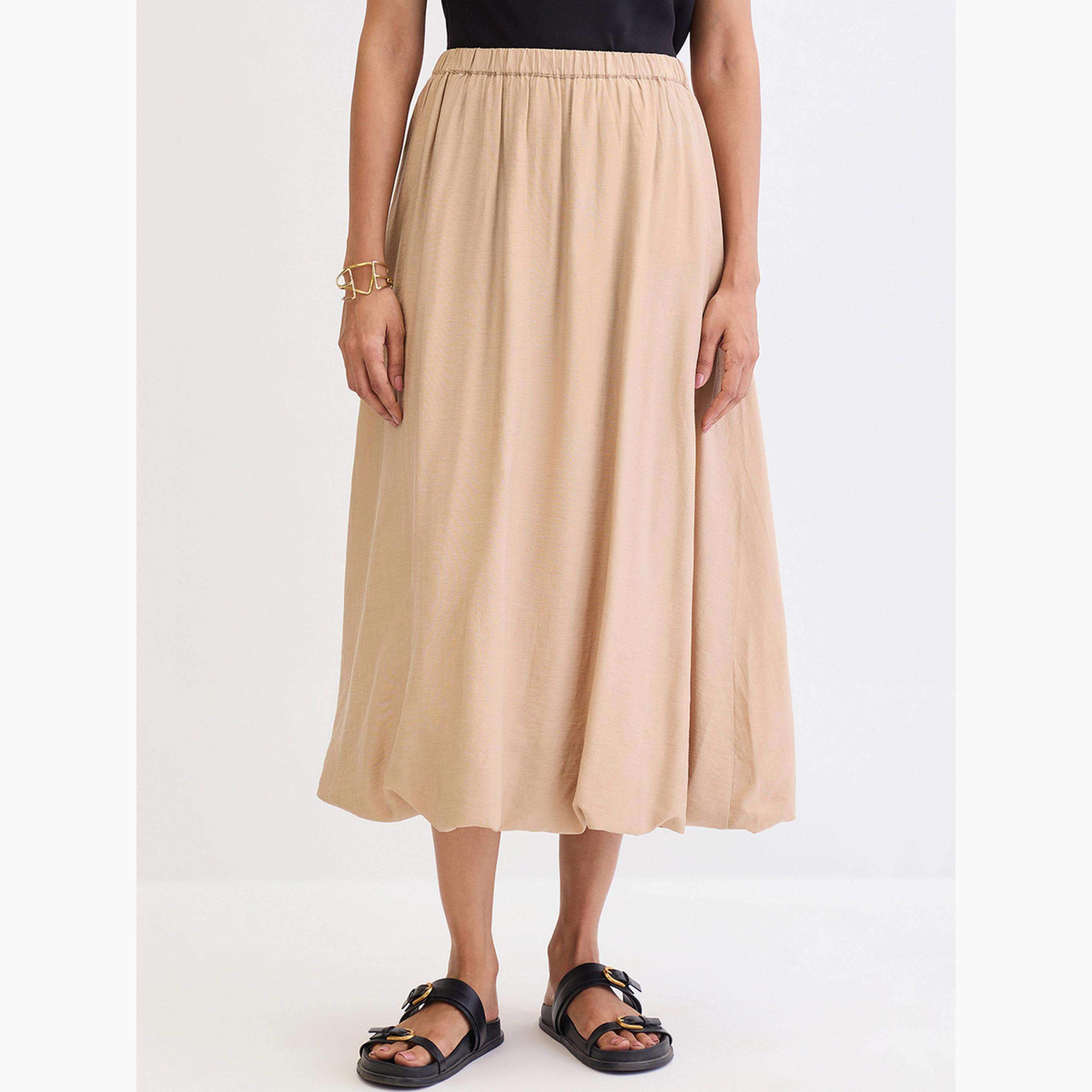 فيميلا - تنورة متوسط الطول بحافة منفوخة لون بيج-women-clothing-bottoms-skirts-image-1