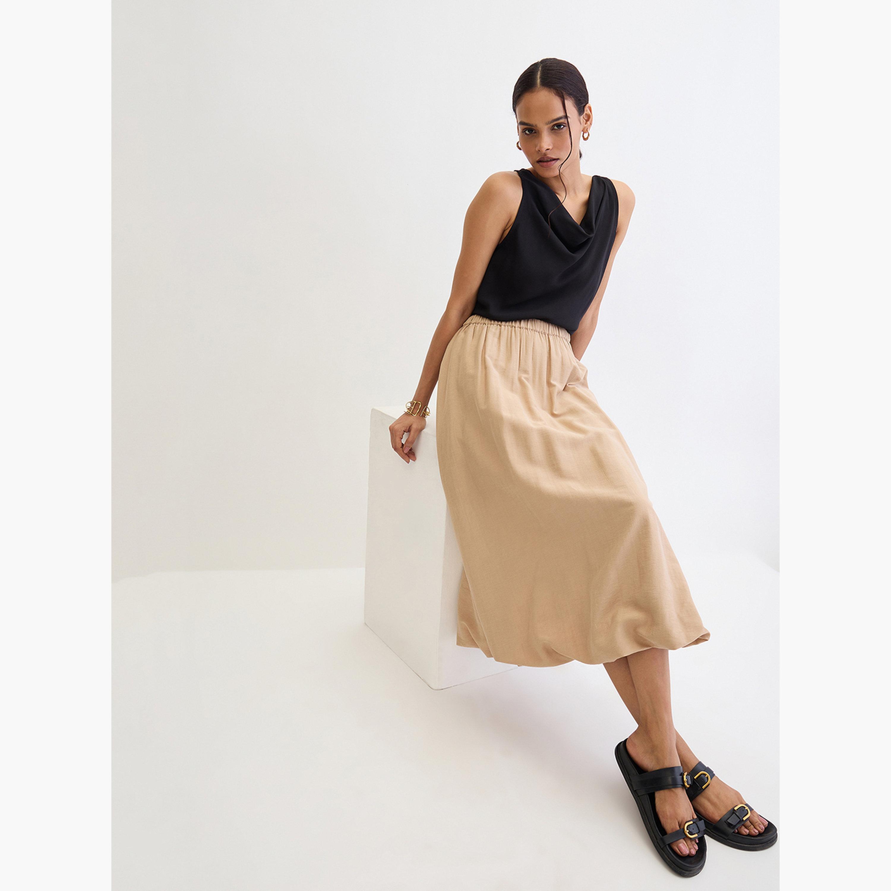 فيميلا - تنورة متوسط الطول بحافة منفوخة لون بيج-women-clothing-bottoms-skirts-image-7