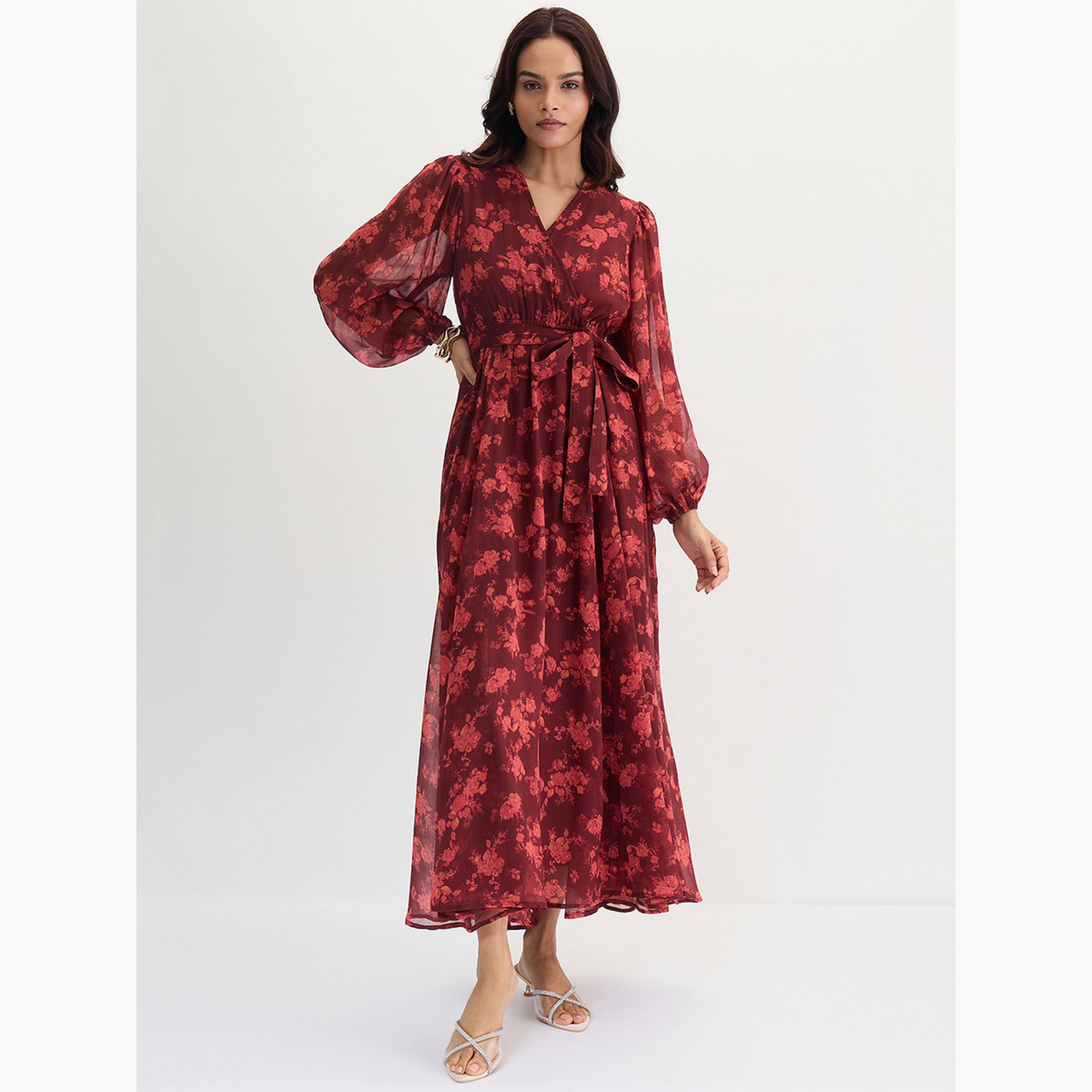 Femmella Maroon Floral Print Wrap Front Maxi Dress-women-clothing-dresses-image-1