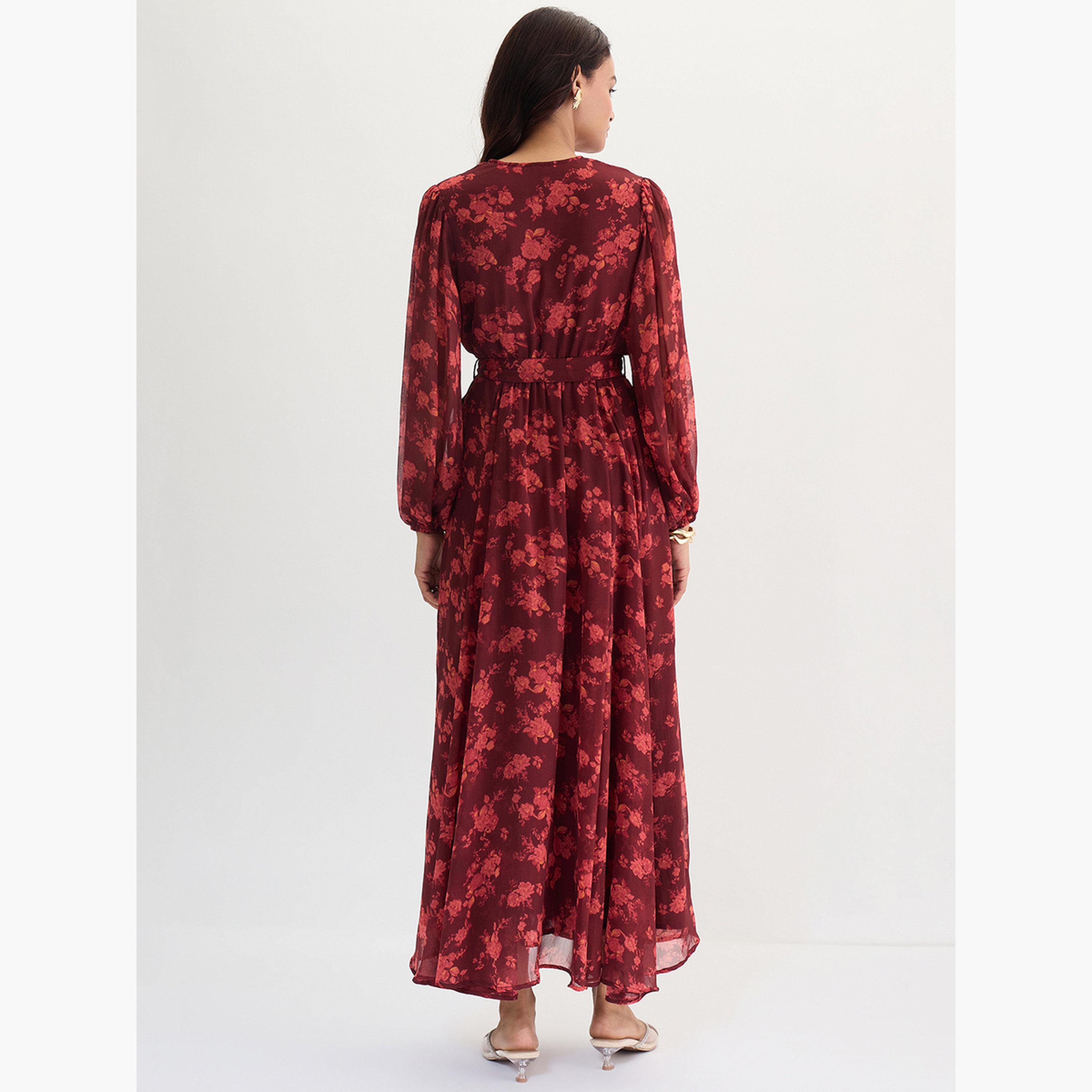 فيميلا - فستان ماكسي بطبعة زهور لون عنابي-women-clothing-dresses-image-2