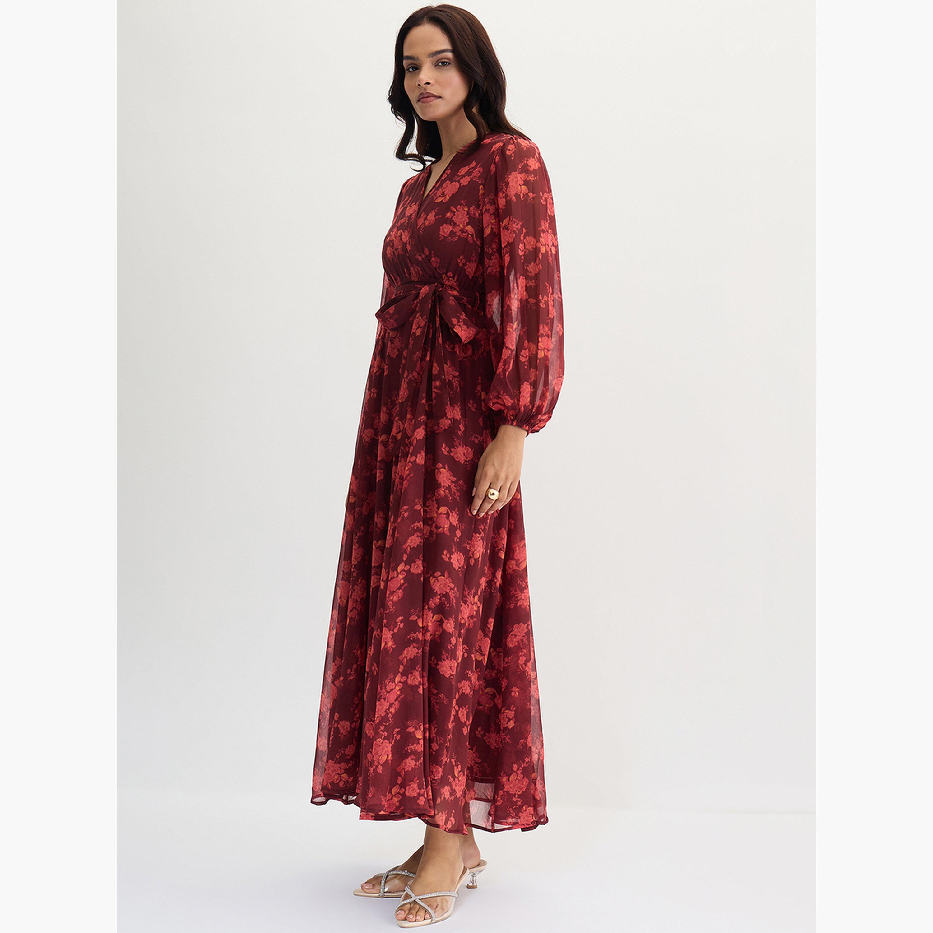فيميلا - فستان ماكسي بطبعة زهور لون عنابي-women-clothing-dresses-image-3