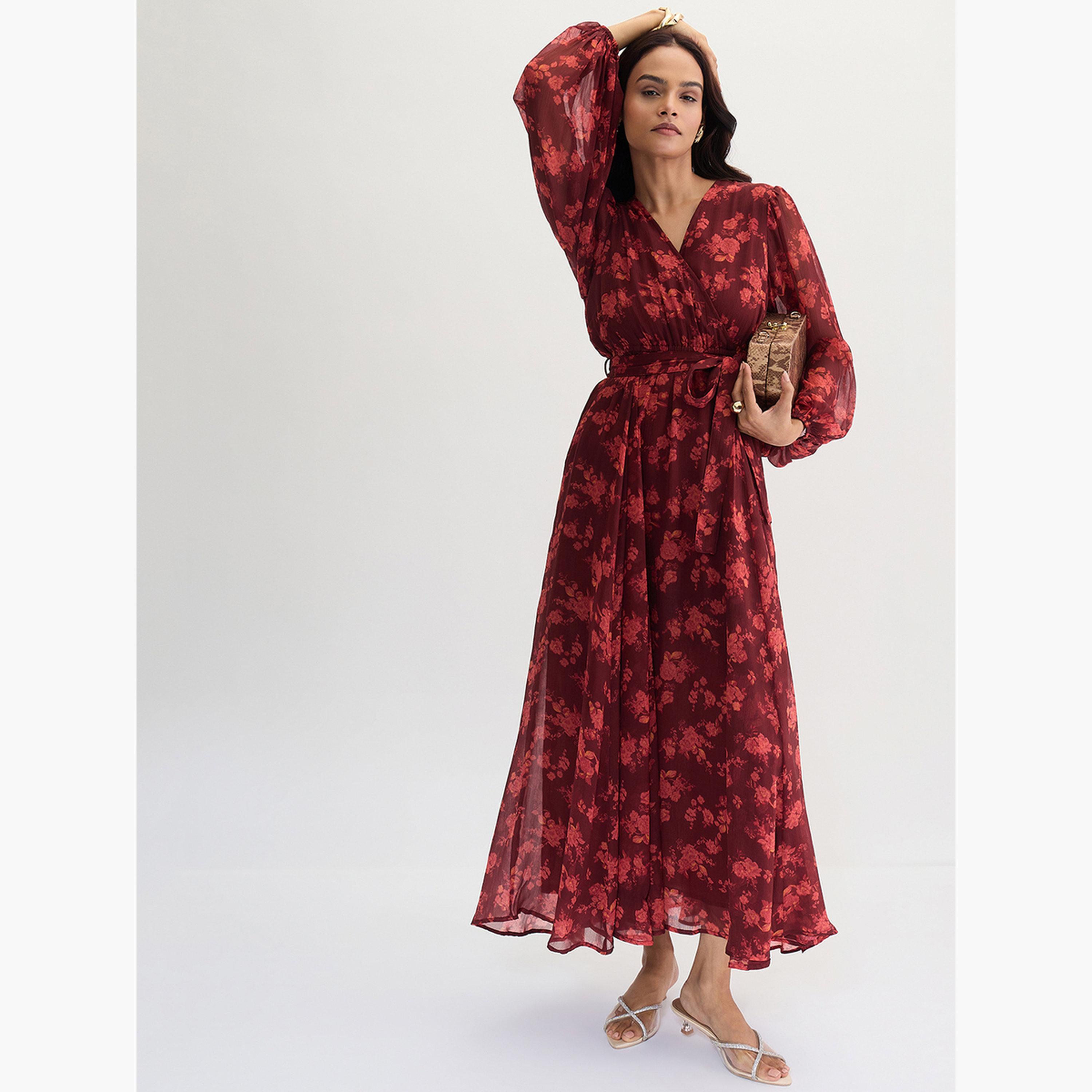 Femmella Maroon Floral Print Wrap Front Maxi Dress-women-clothing-dresses-image-4