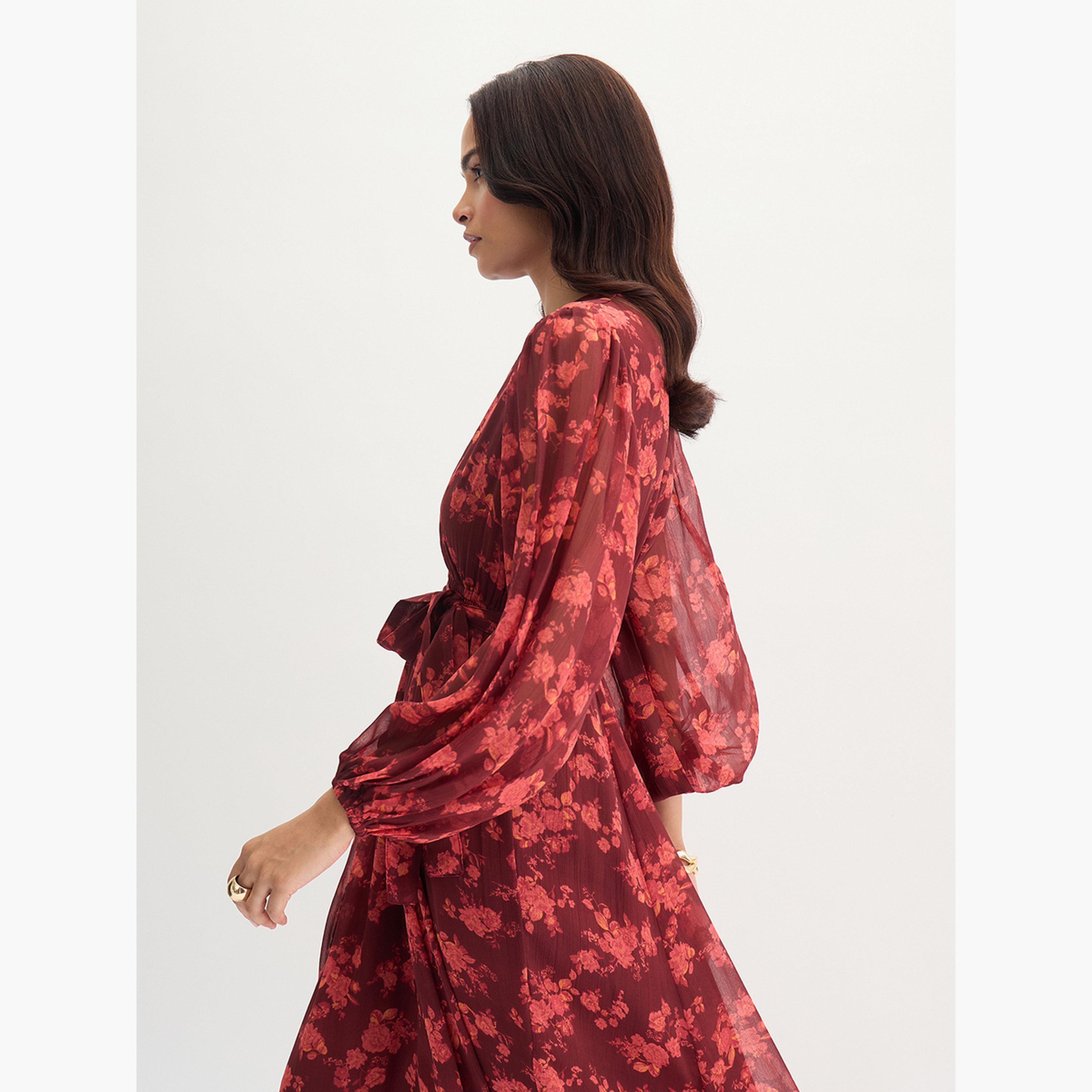 فيميلا - فستان ماكسي بطبعة زهور لون عنابي-women-clothing-dresses-image-5
