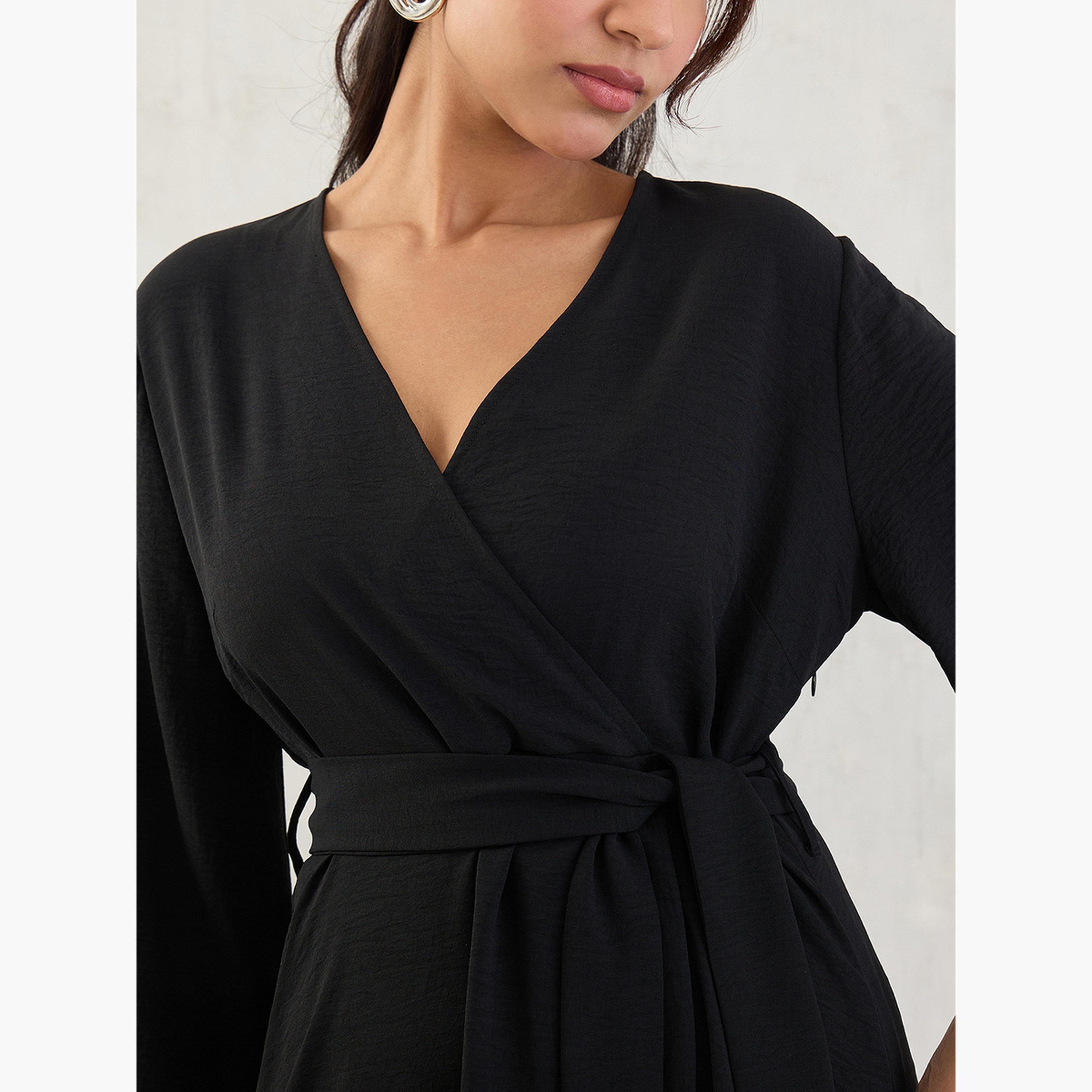 فيميلا - فستان أسود متوسط ​​الطول بحزام ربطة أمامية-women-clothing-dresses-image-3