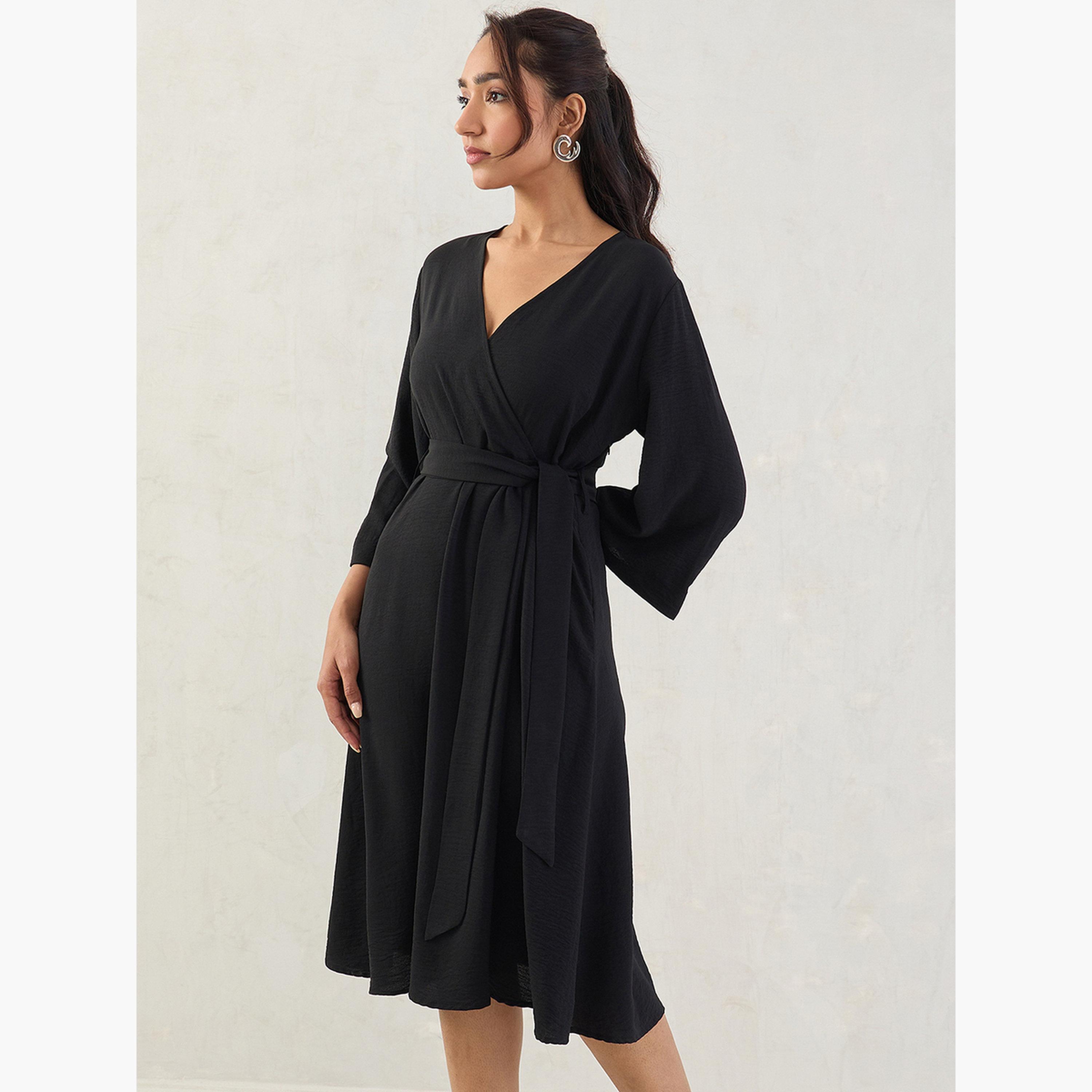 فيميلا - فستان أسود متوسط ​​الطول بحزام ربطة أمامية-women-clothing-dresses-image-4