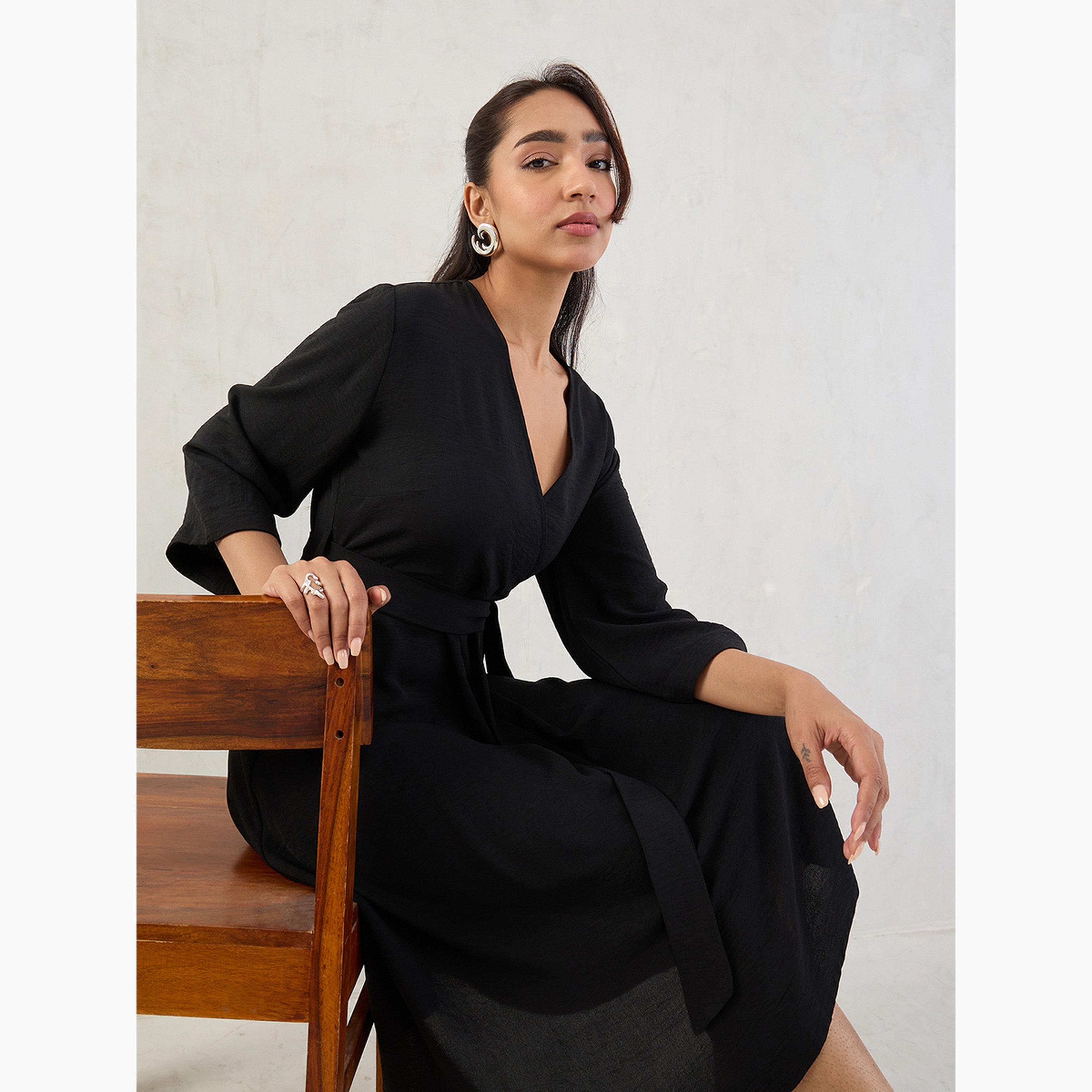 فيميلا - فستان أسود متوسط ​​الطول بحزام ربطة أمامية-women-clothing-dresses-image-6