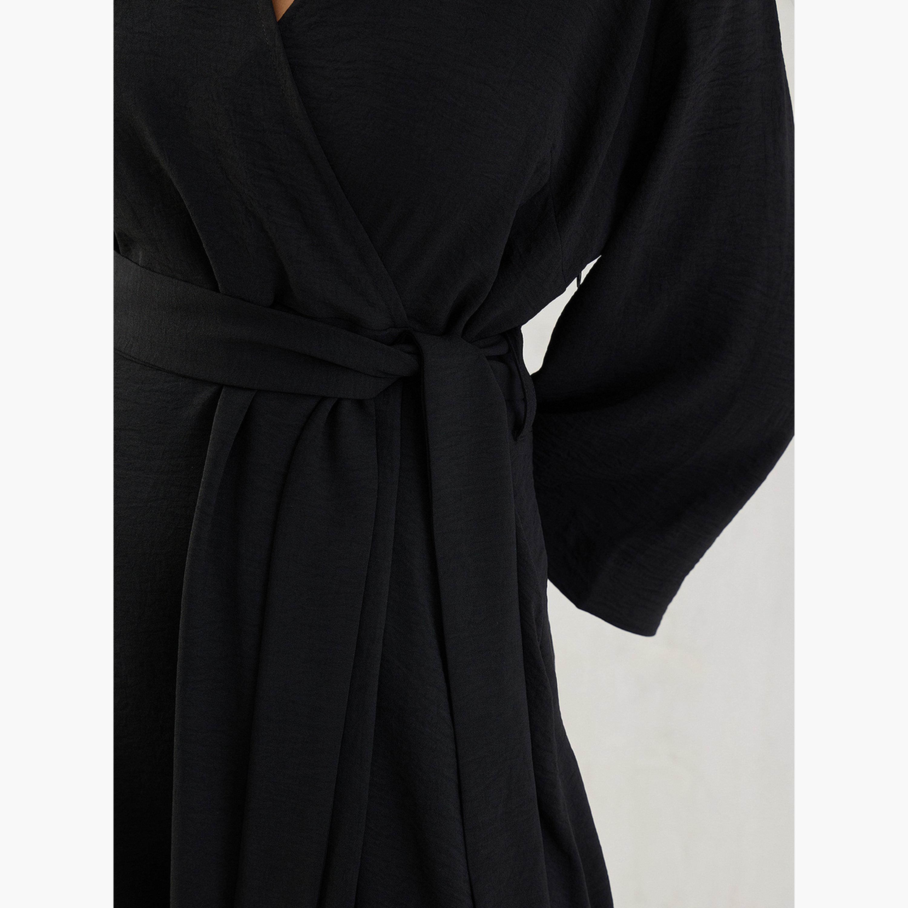 فيميلا - فستان أسود متوسط ​​الطول بحزام ربطة أمامية-women-clothing-dresses-image-7