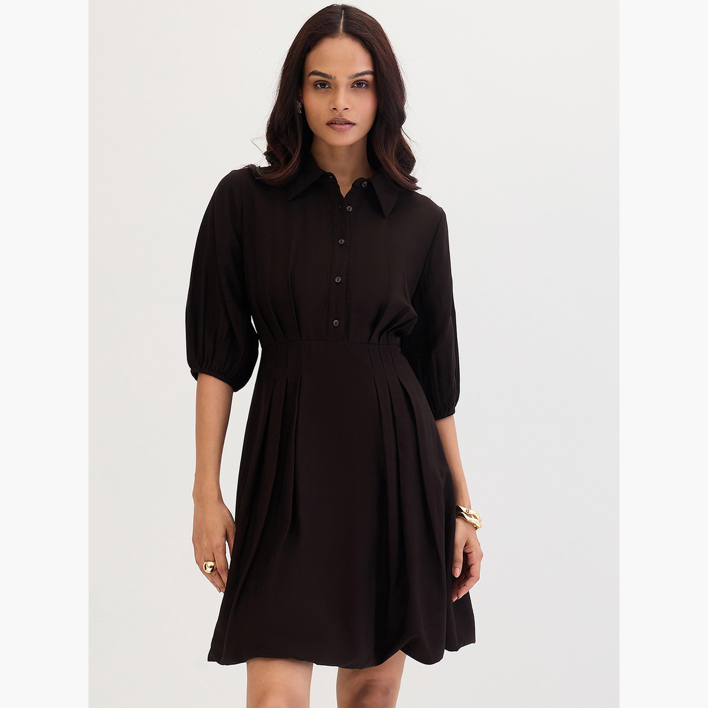 فيميلا - فستان قصير أسود بثنيات-women-clothing-dresses-image-1