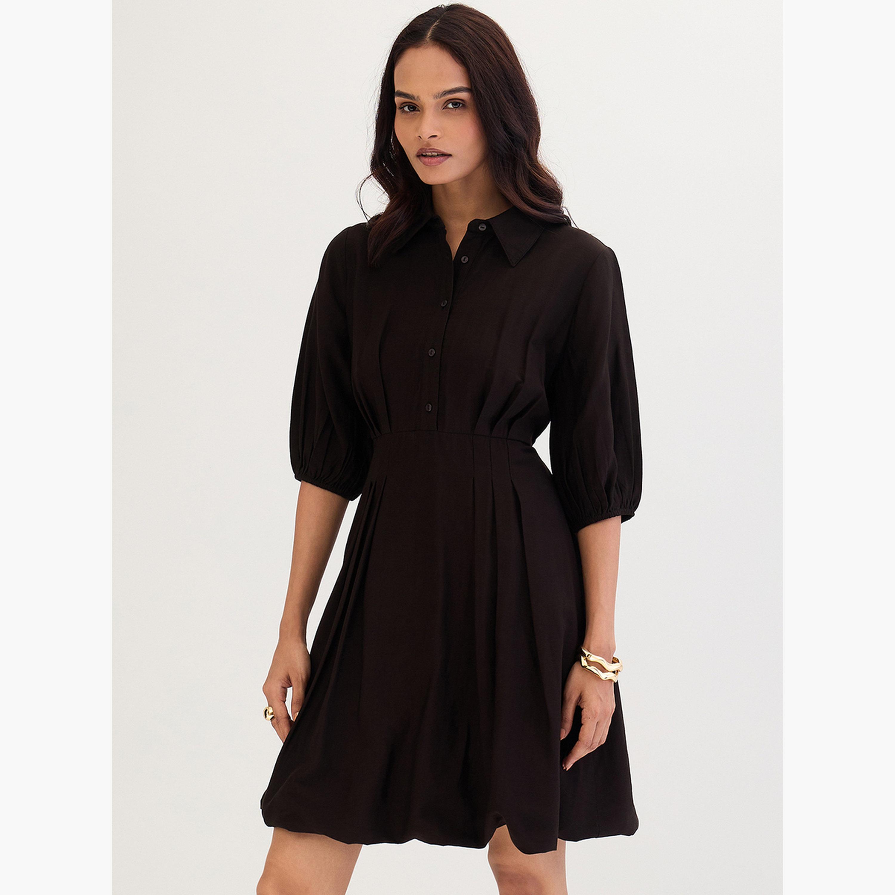 فيميلا - فستان قصير أسود بثنيات-women-clothing-dresses-image-3