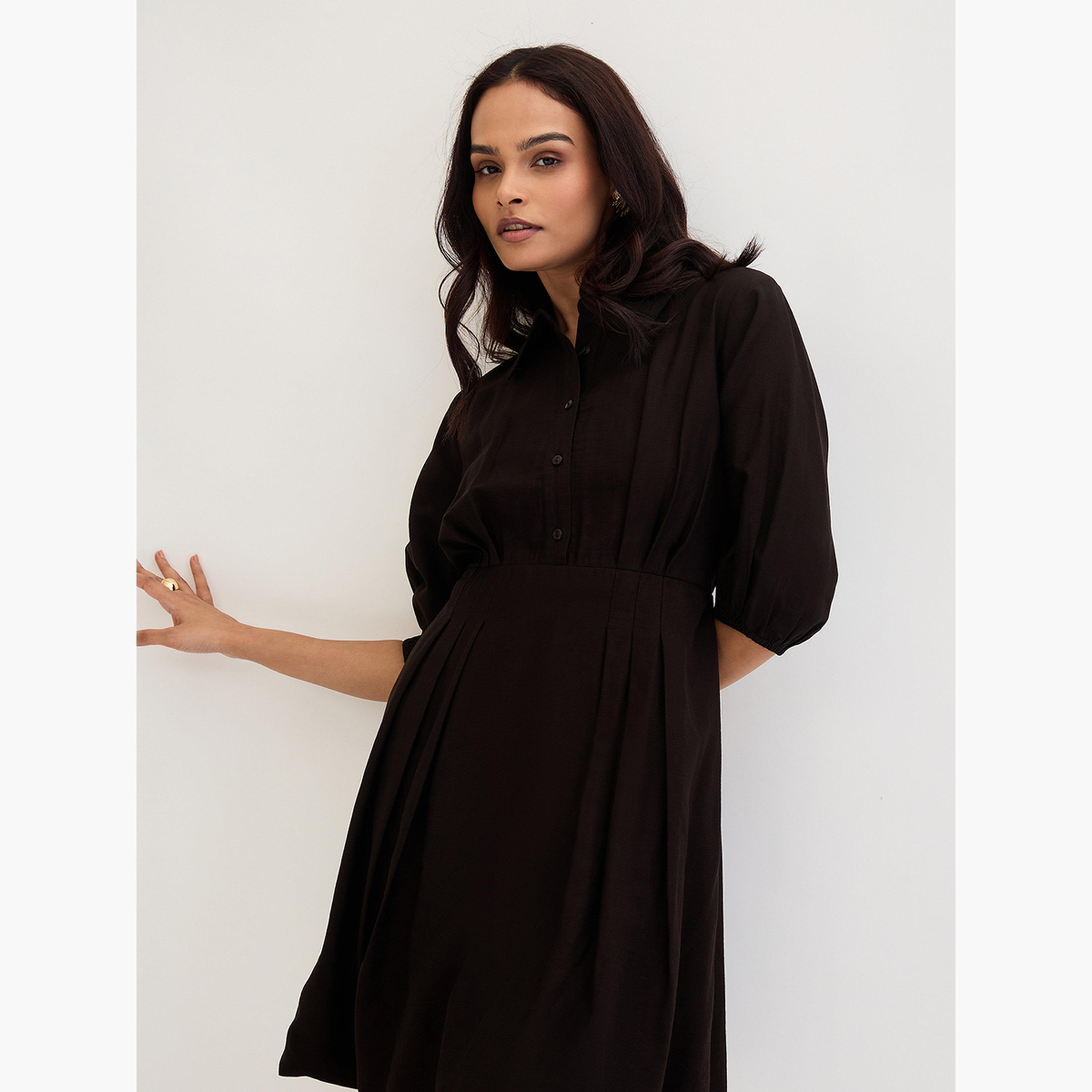 فيميلا - فستان قصير أسود بثنيات-women-clothing-dresses-image-4