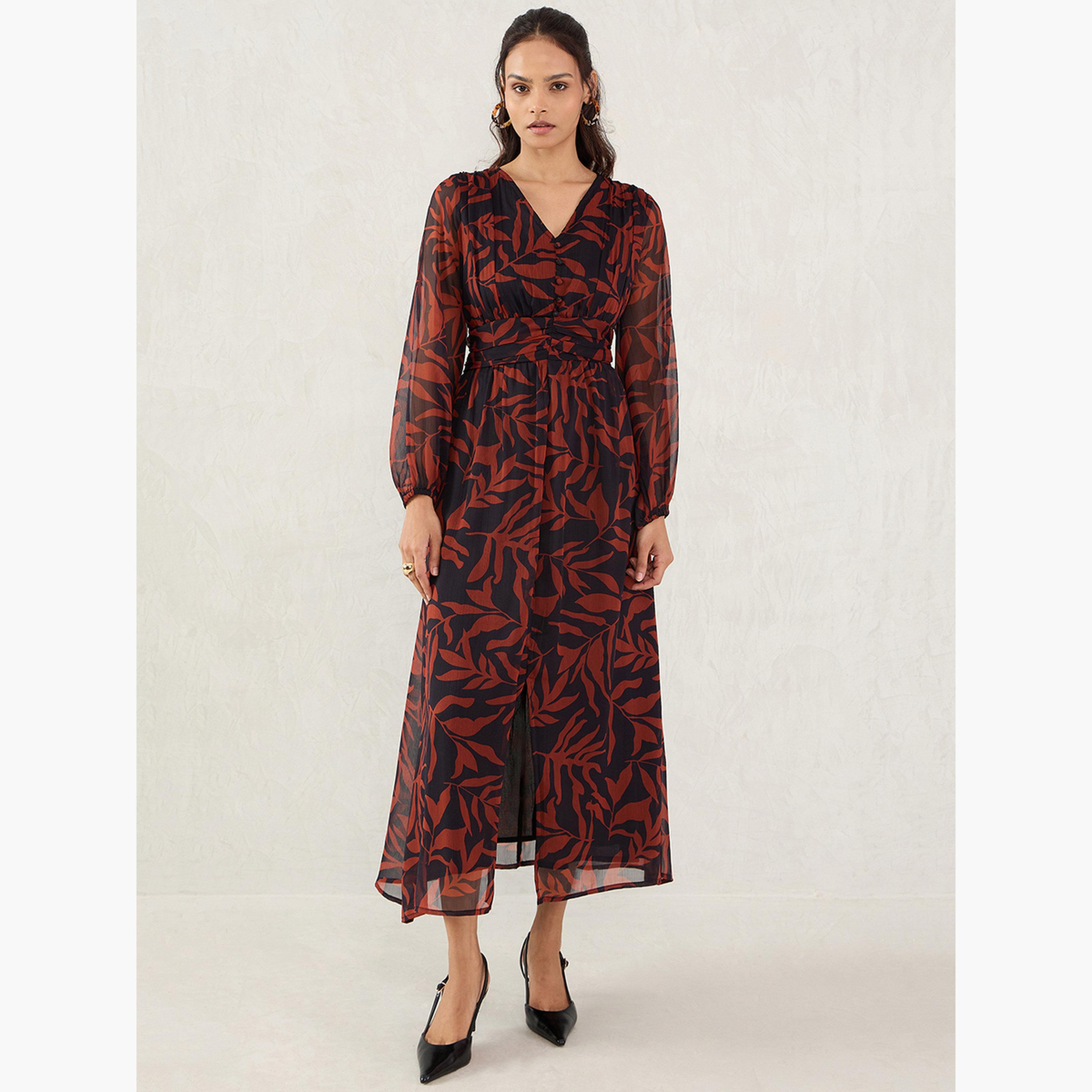 Femmella Brown Leaf Print Maxi Dress-women-clothing-dresses-image-1