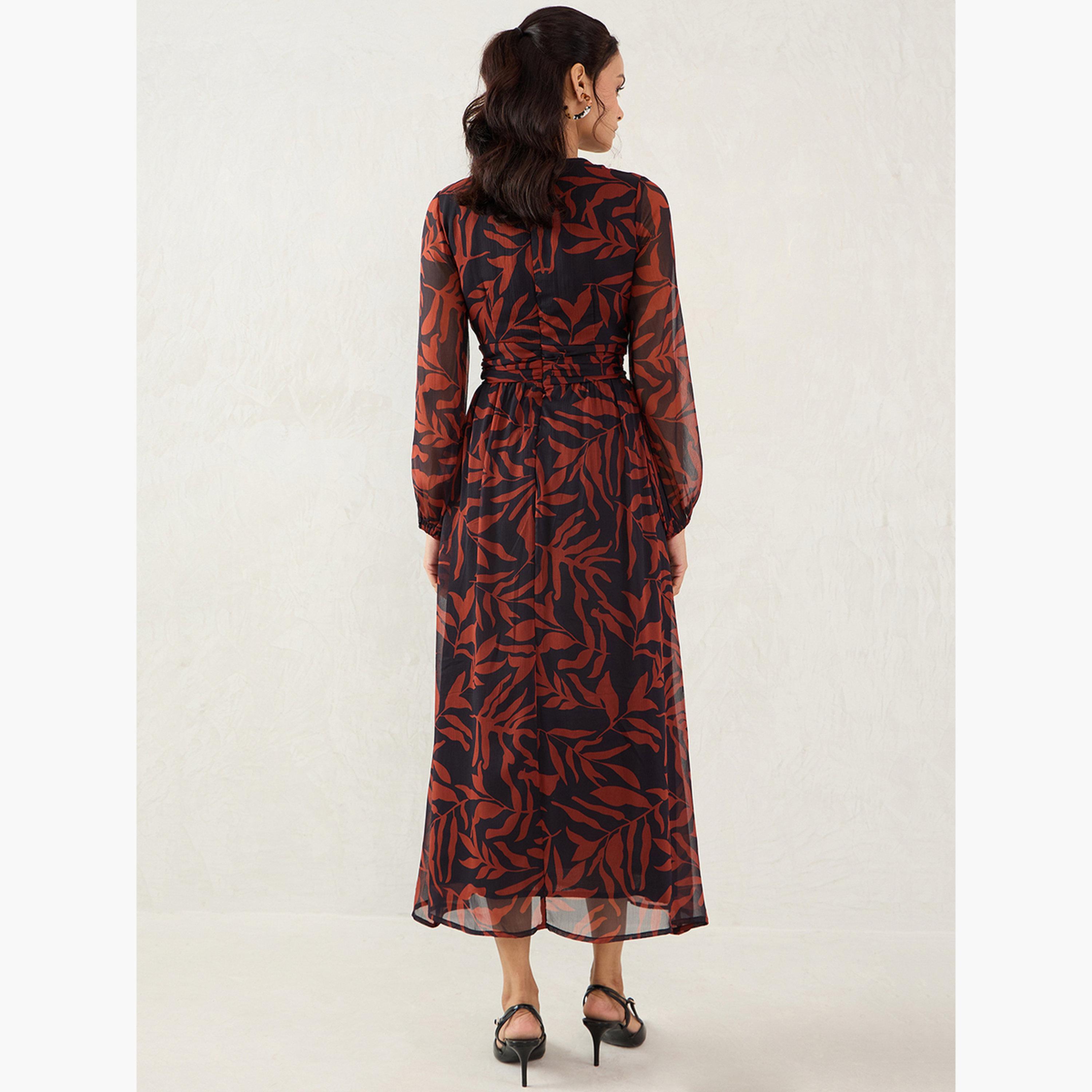 فيميلا - فستان ماكسي بطبعة أوراق بنية-women-clothing-dresses-image-2
