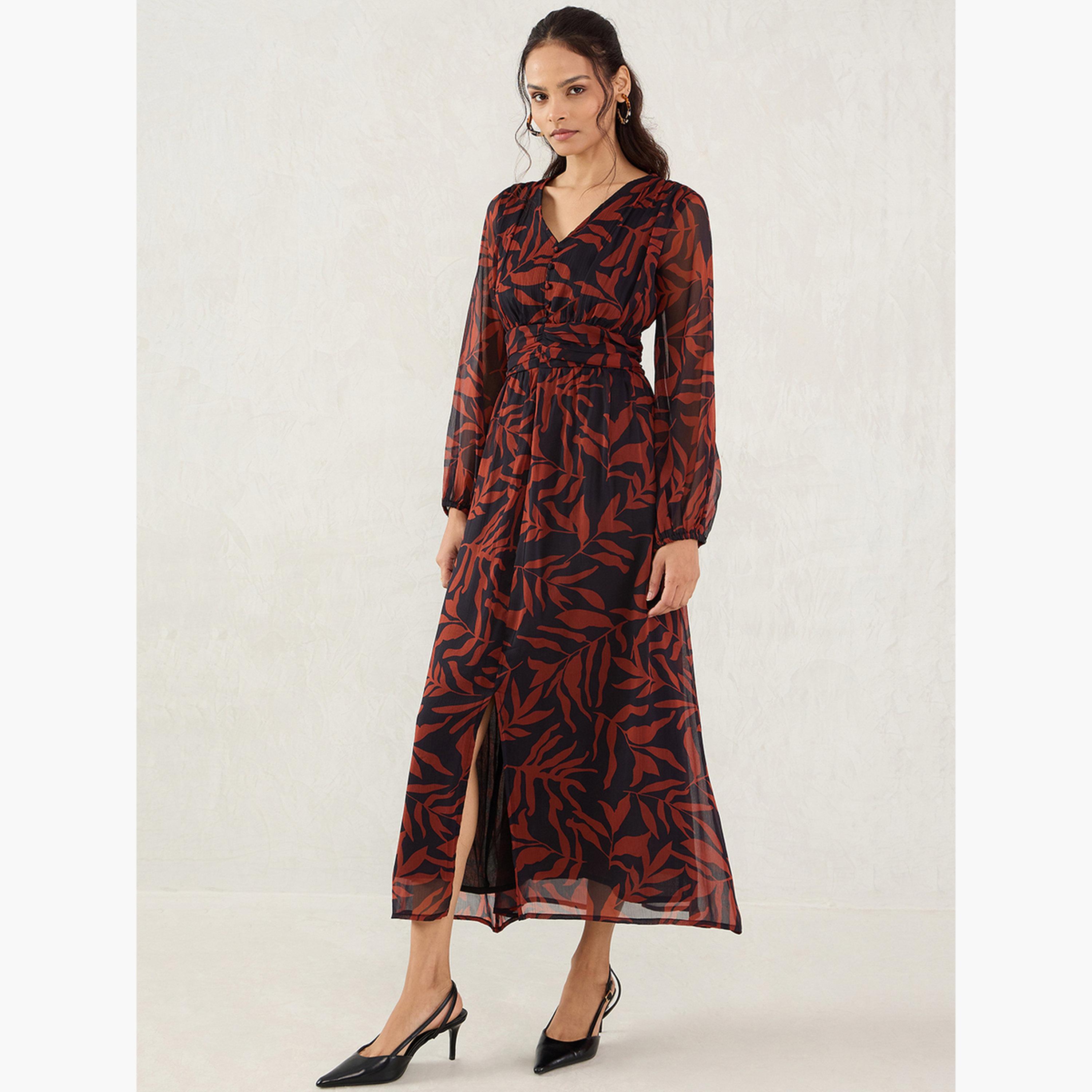 Femmella Brown Leaf Print Maxi Dress-women-clothing-dresses-image-3