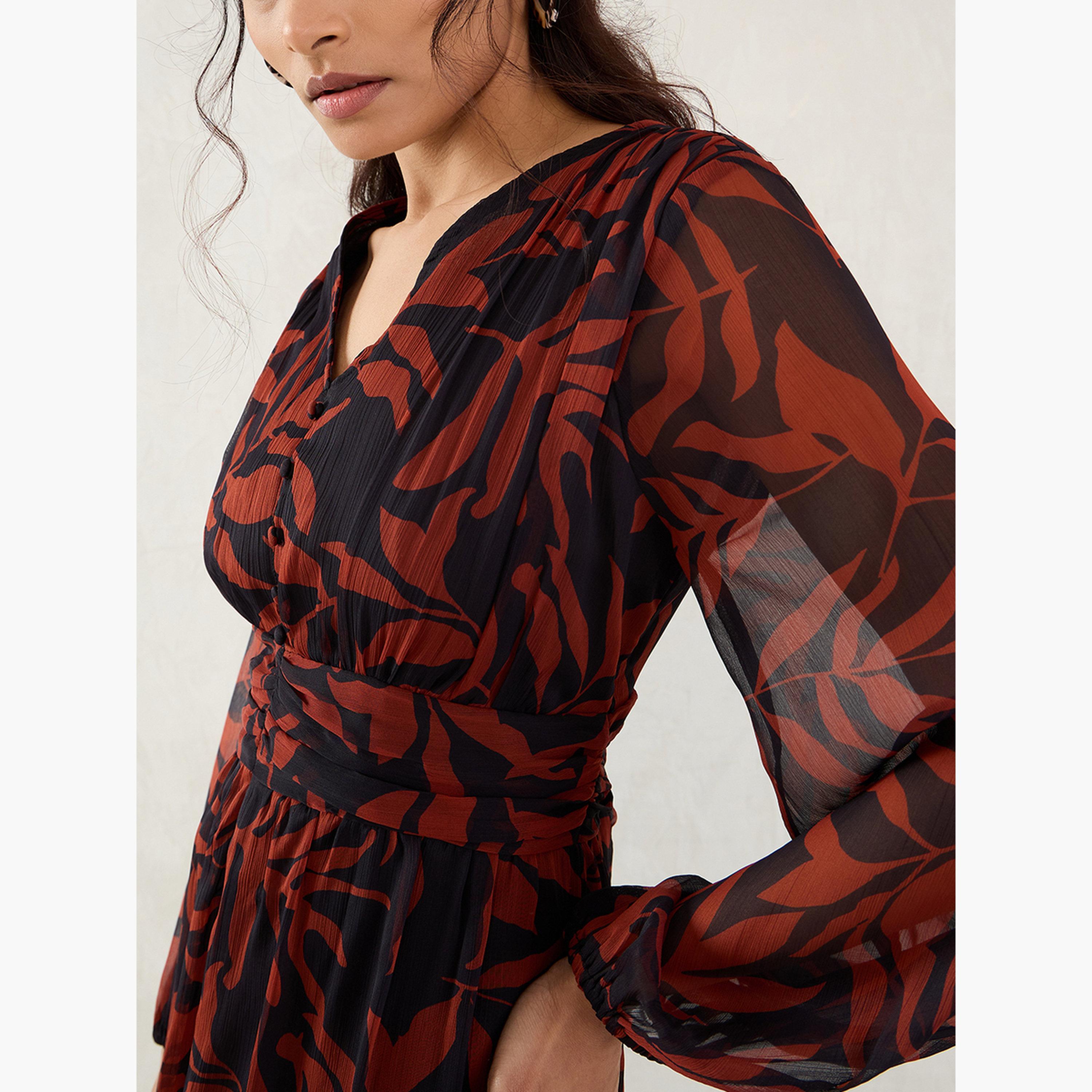 Femmella Brown Leaf Print Maxi Dress-women-clothing-dresses-image-4
