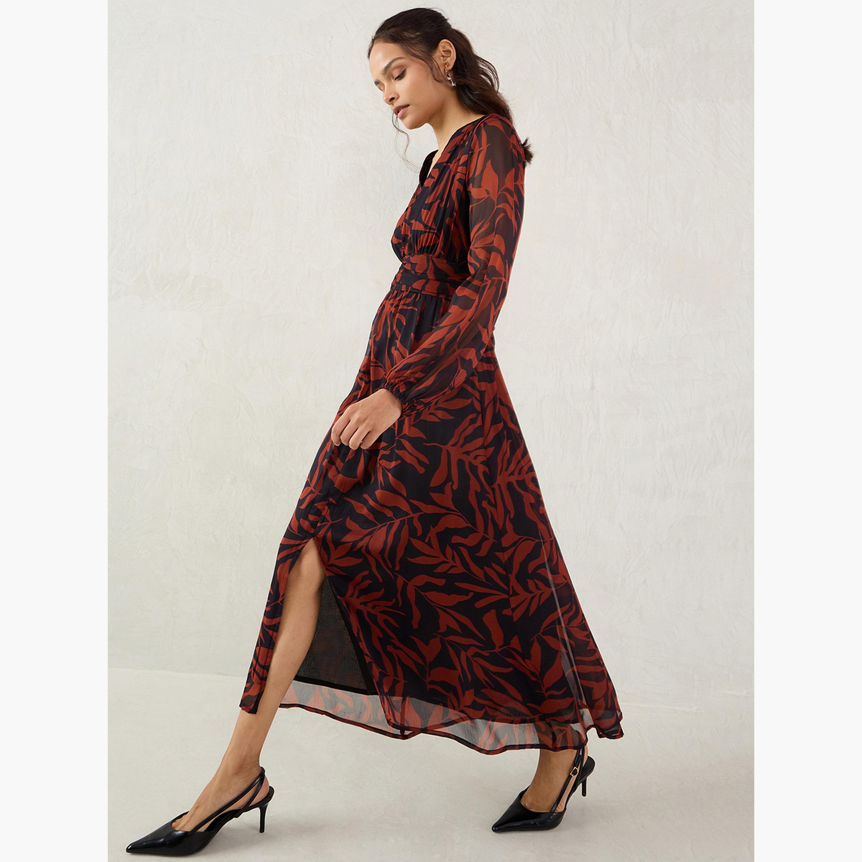 Femmella Brown Leaf Print Maxi Dress-women-clothing-dresses-image-5