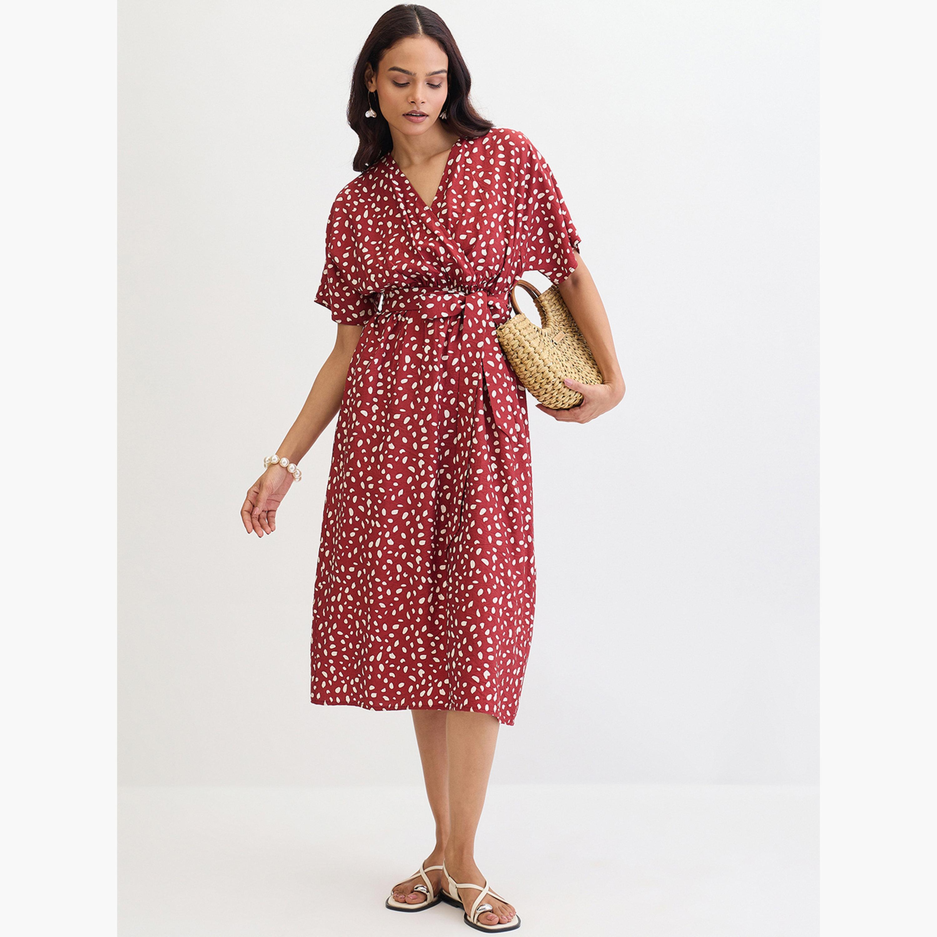 فيميلا - فستان متوسط الطول ملفوف بطبعة بقع حمراء-women-clothing-dresses-image-4