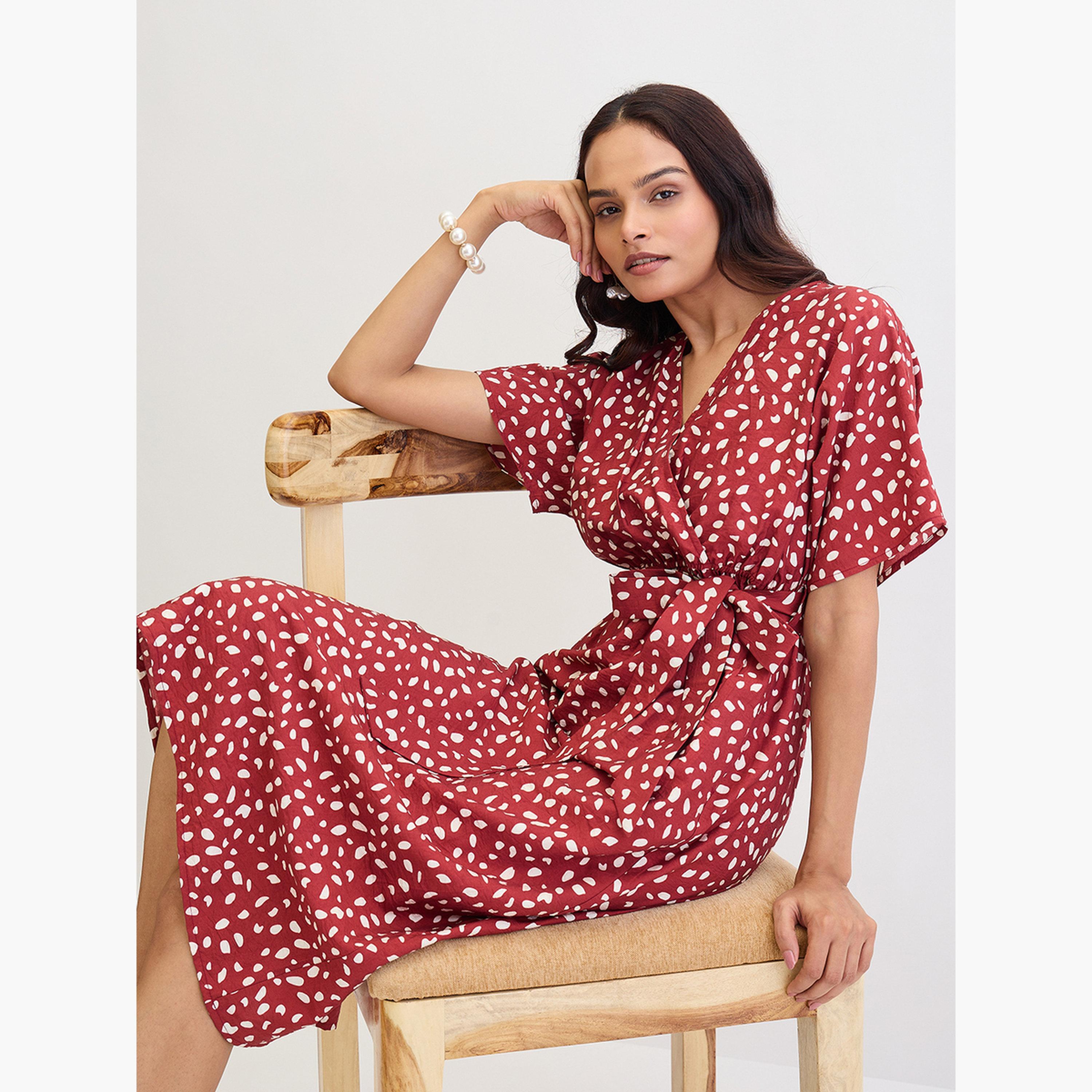 Femmella Red Spot Print Wrap Midi Dress-women-clothing-dresses-image-5