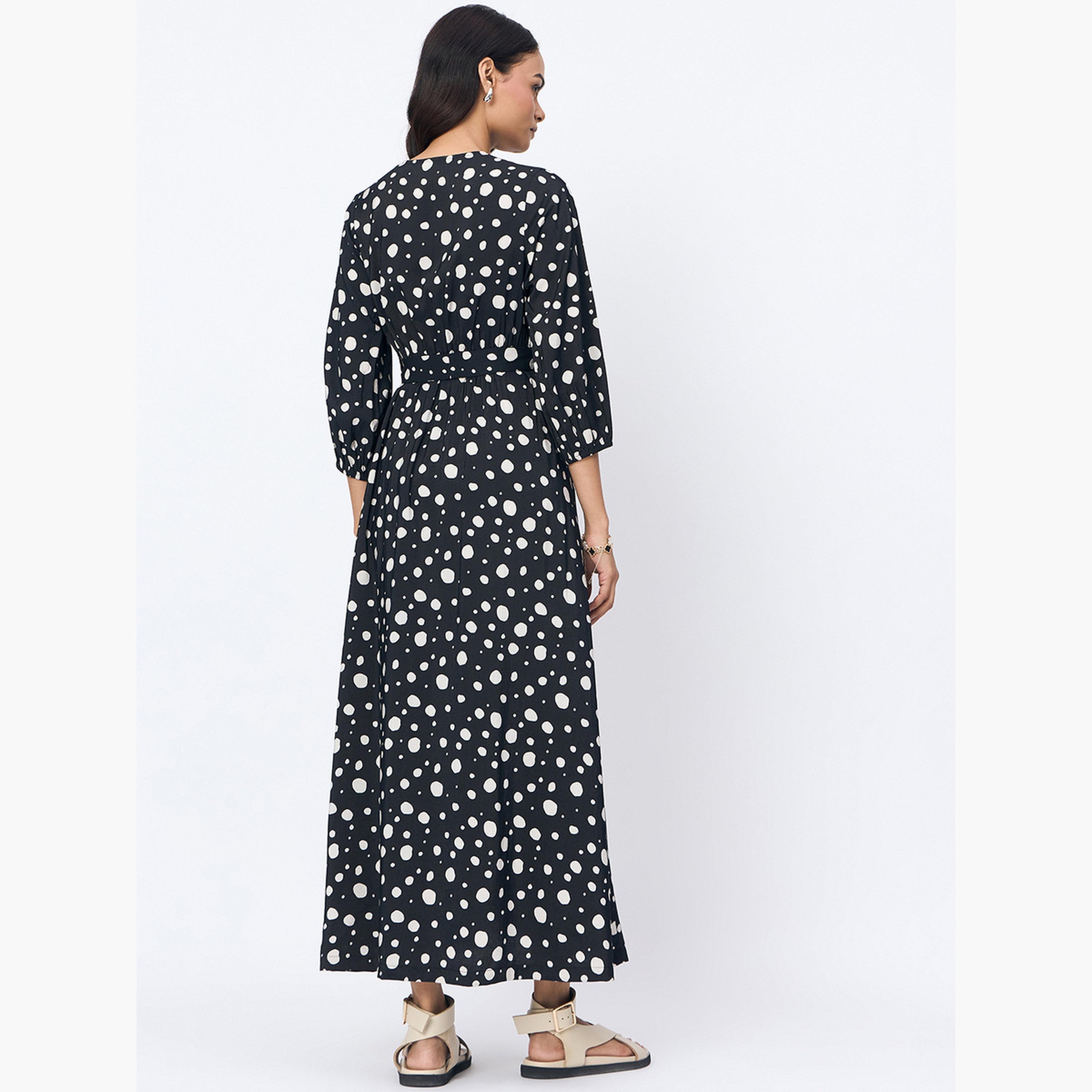 فيميلا - فستان ماكسي ملفوف أسود منقط-women-clothing-dresses-image-5