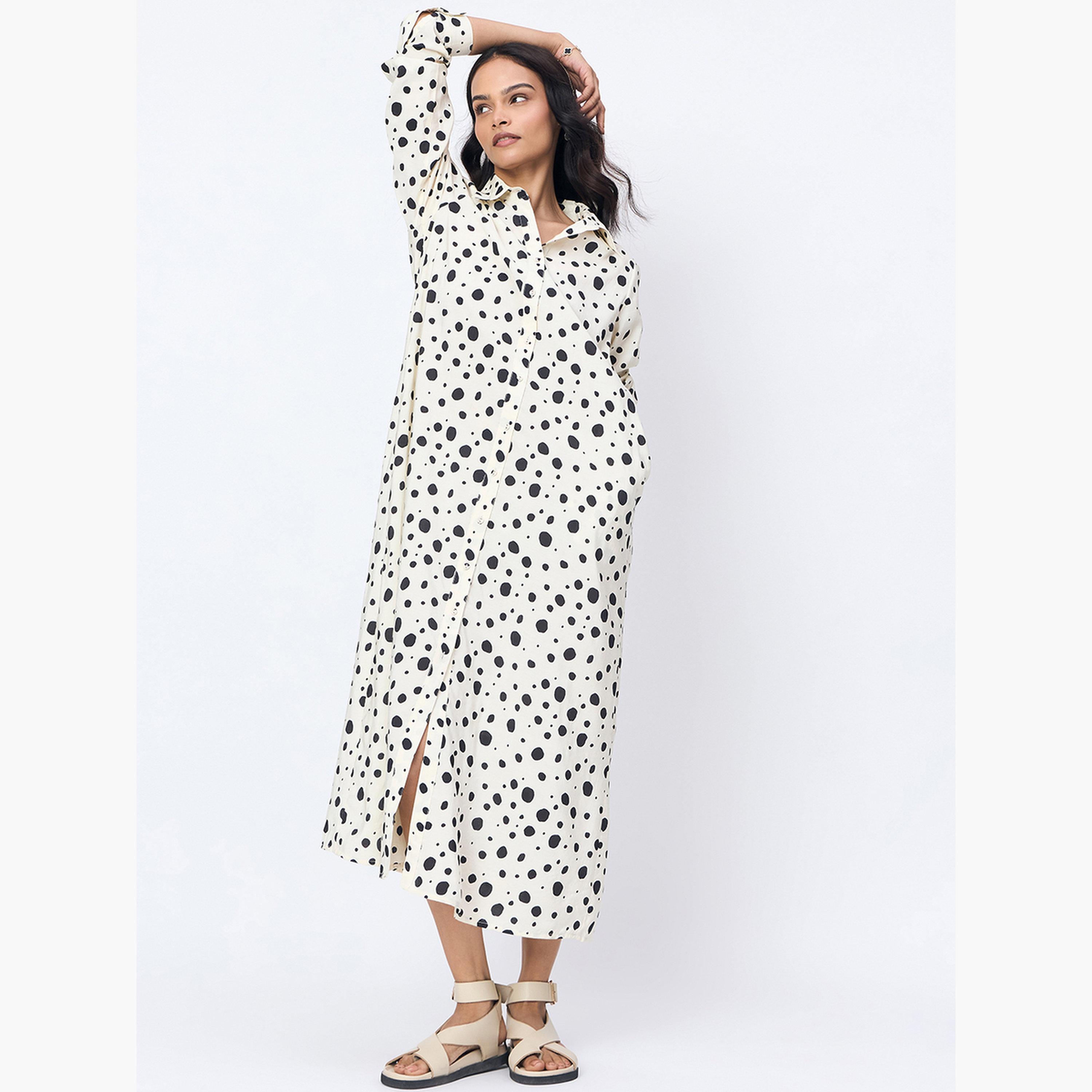 فيميلا - فستان قميص ماكسي بطبعة بقع بيضاء-women-clothing-dresses-image-1