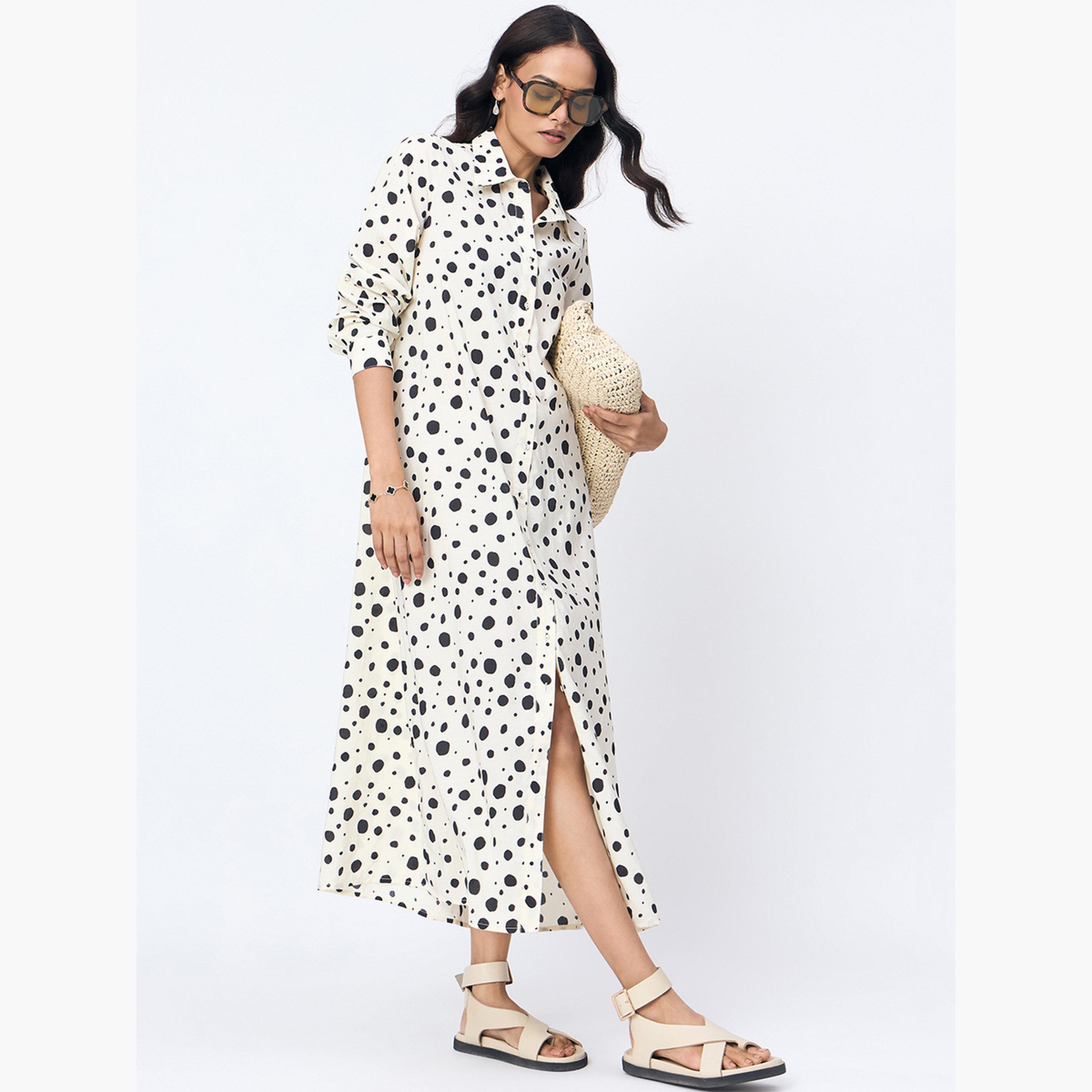 فيميلا - فستان قميص ماكسي بطبعة بقع بيضاء-women-clothing-dresses-image-5