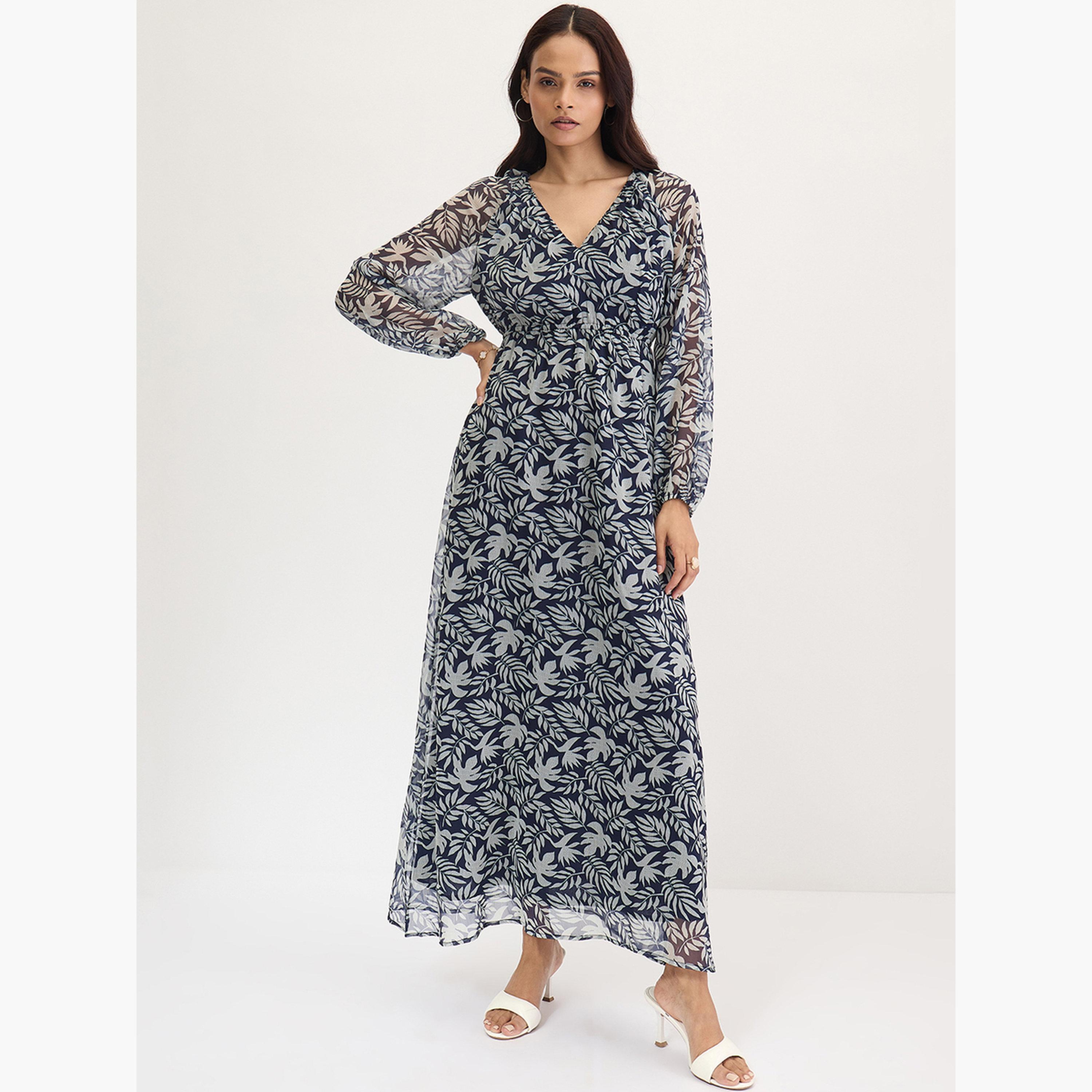 Femmella Navy All Over Leaf Print Maxi Dress-women-clothing-dresses-image-1