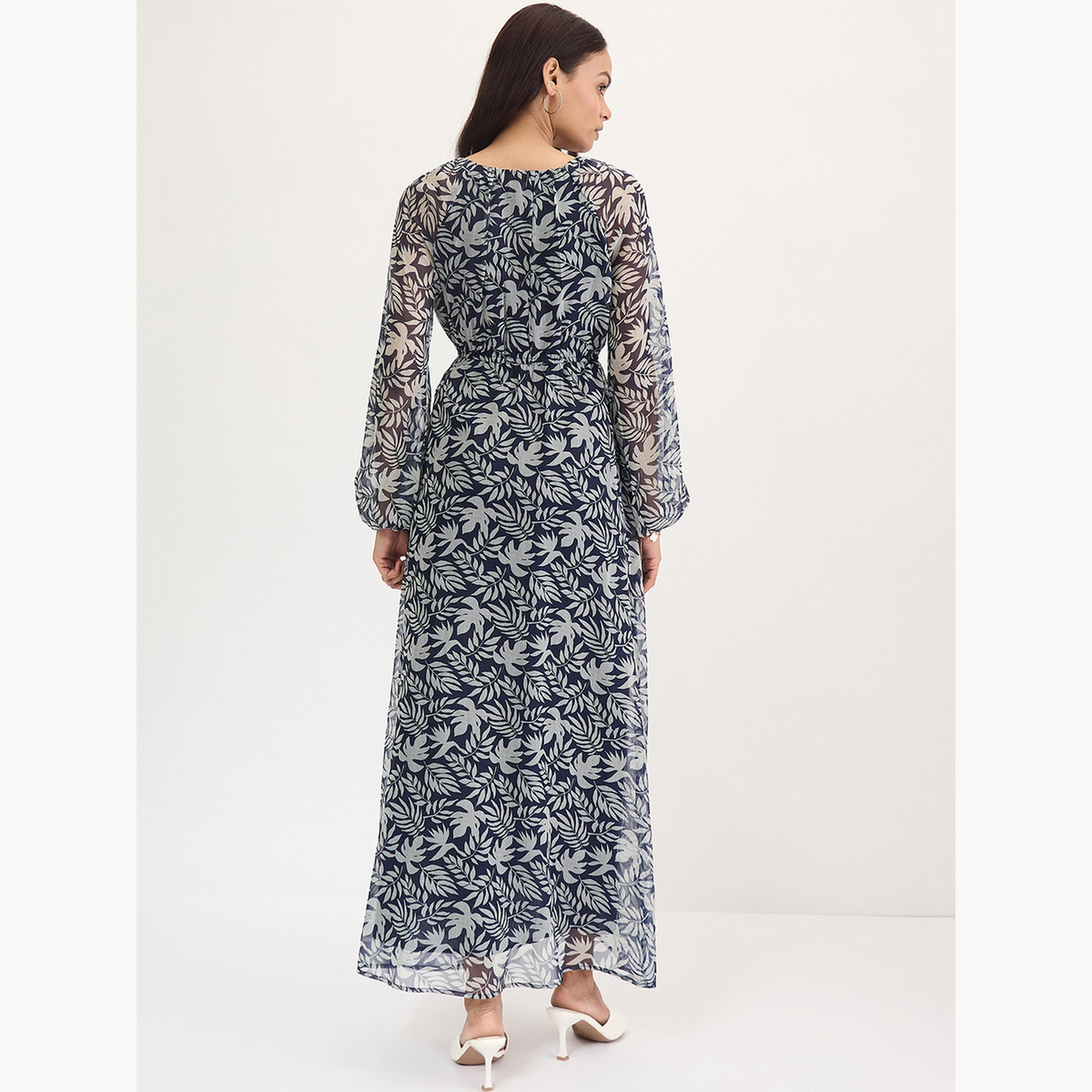 فيميلا - فستان ماكسي مطبوع عليه أوراق شجر بالكامل لون أزرق بحري-women-clothing-dresses-image-2