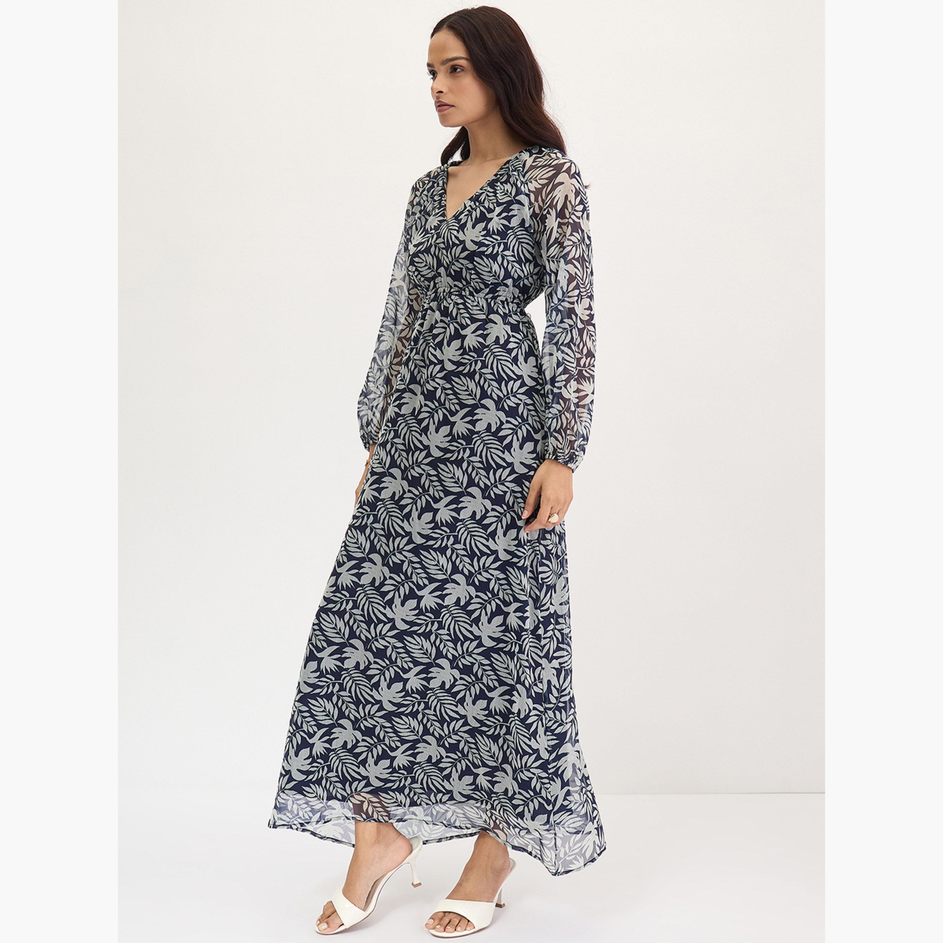 فيميلا - فستان ماكسي مطبوع عليه أوراق شجر بالكامل لون أزرق بحري-women-clothing-dresses-image-3