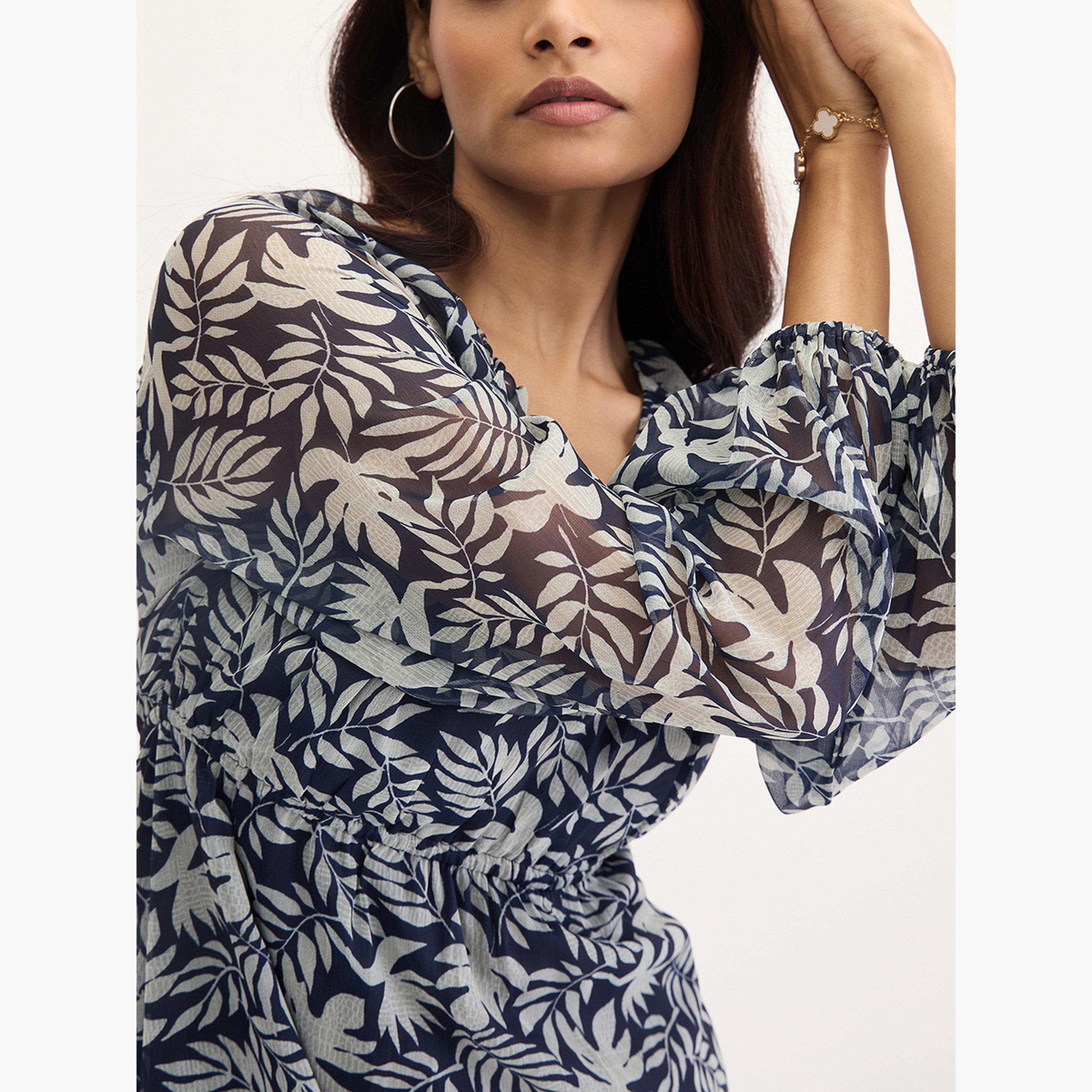 فيميلا - فستان ماكسي مطبوع عليه أوراق شجر بالكامل لون أزرق بحري-women-clothing-dresses-image-4