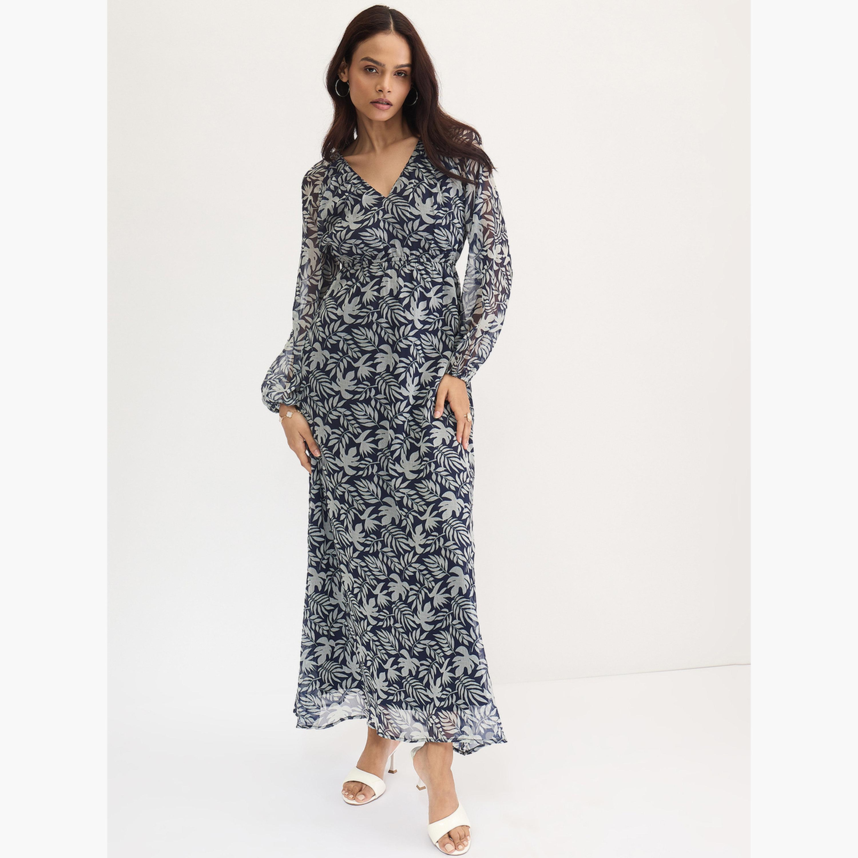 فيميلا - فستان ماكسي مطبوع عليه أوراق شجر بالكامل لون أزرق بحري-women-clothing-dresses-image-5