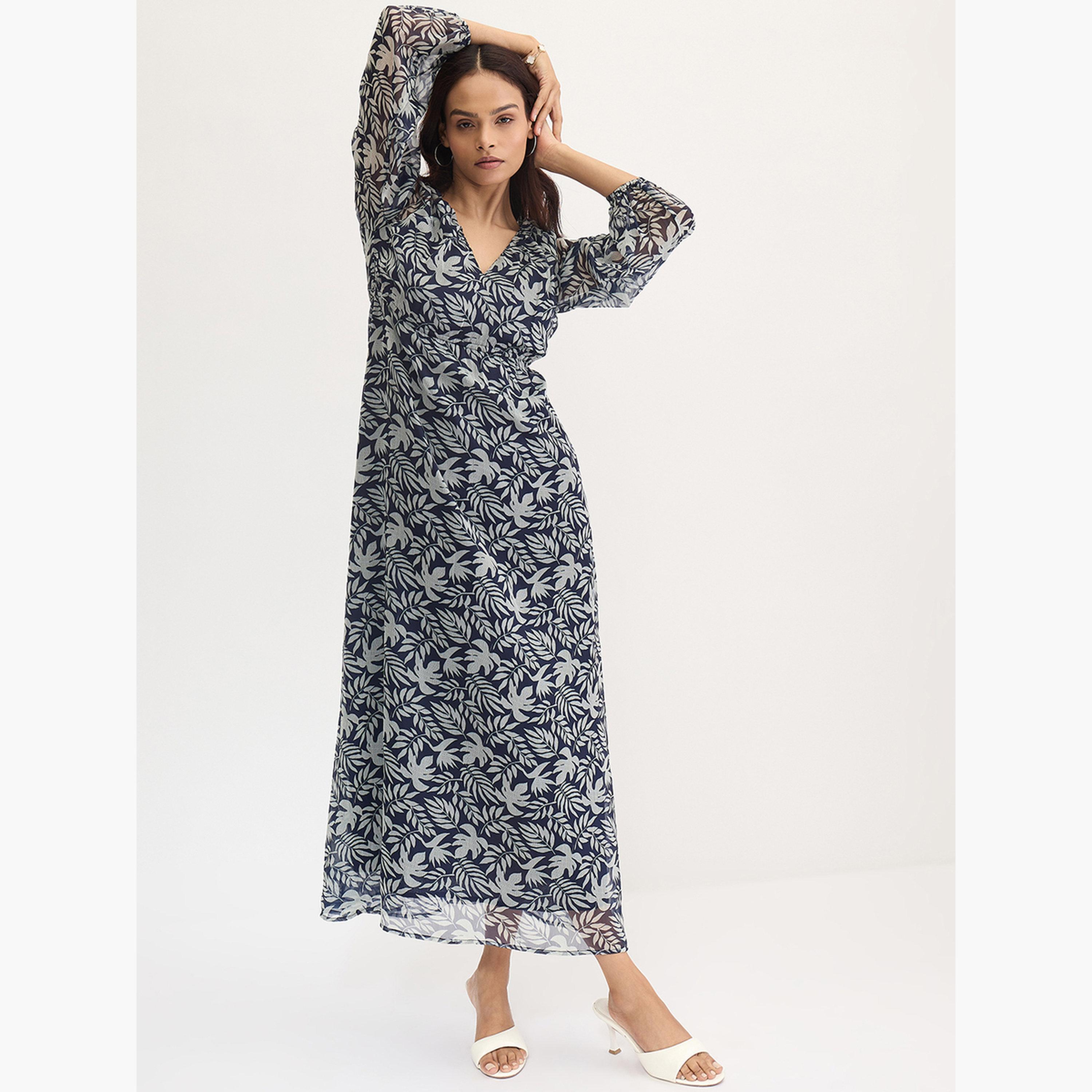 Femmella Navy All Over Leaf Print Maxi Dress-women-clothing-dresses-image-6