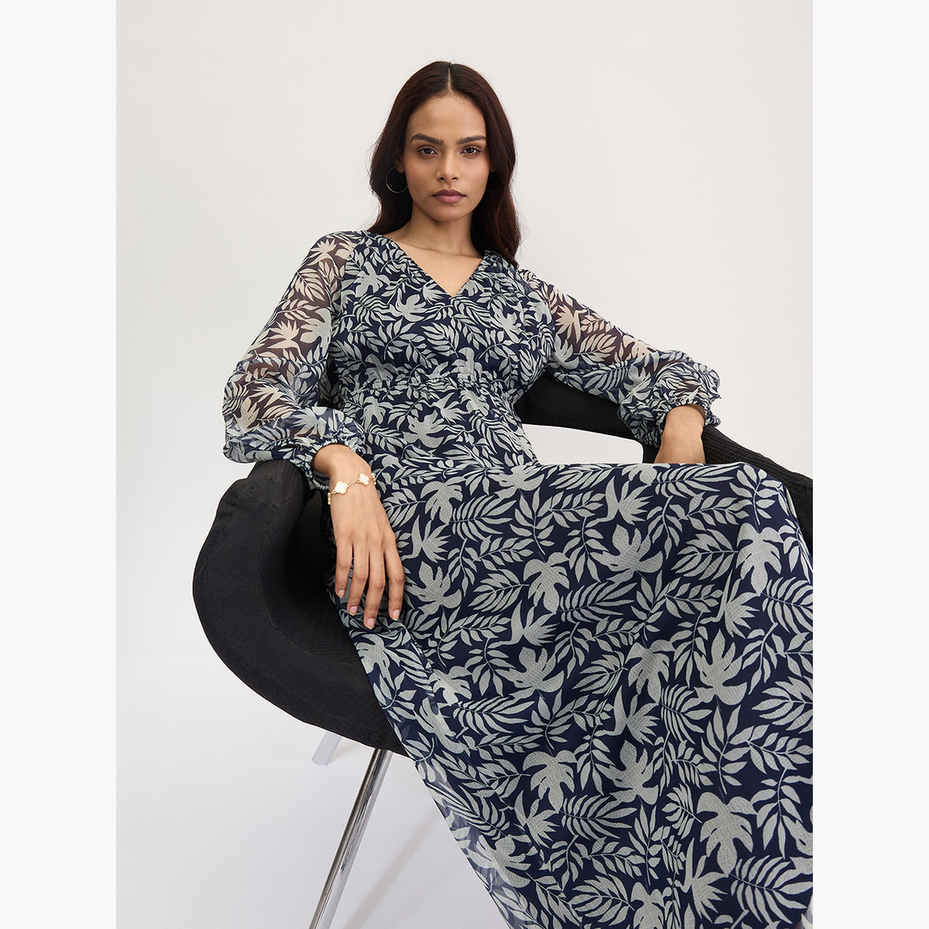 فيميلا - فستان ماكسي مطبوع عليه أوراق شجر بالكامل لون أزرق بحري-women-clothing-dresses-image-7